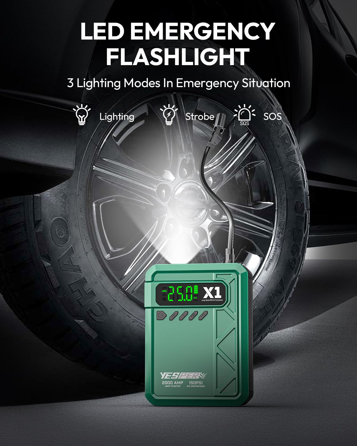 YESPER Auto-Starthilfe mit Luftkompressor, 2000 A Spitze, tragbares Starthilfe-Set mit 150 PSI digitalem Reifenfüller, 12 V 20.000 mAh Batterieladegerät, Starthilfe für bis zu 8 l Gas- und 6 l