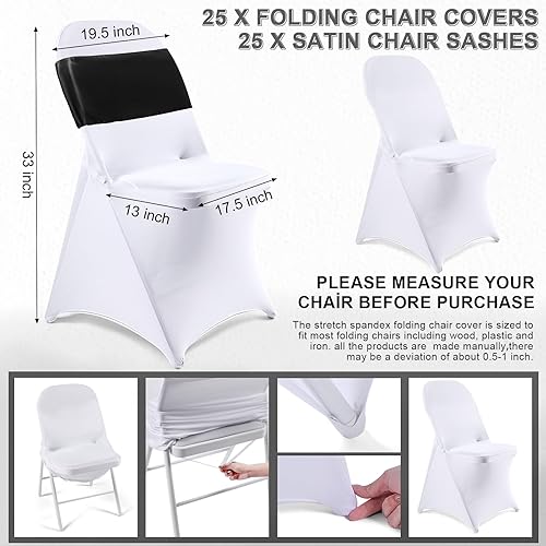 Miniatura 2 de Lounsweer Juego de 50 fundas plegables para sillas con 25 fundas elásticas de elastano, 25 bandas de satén para silla, lazos, cinta lavable,