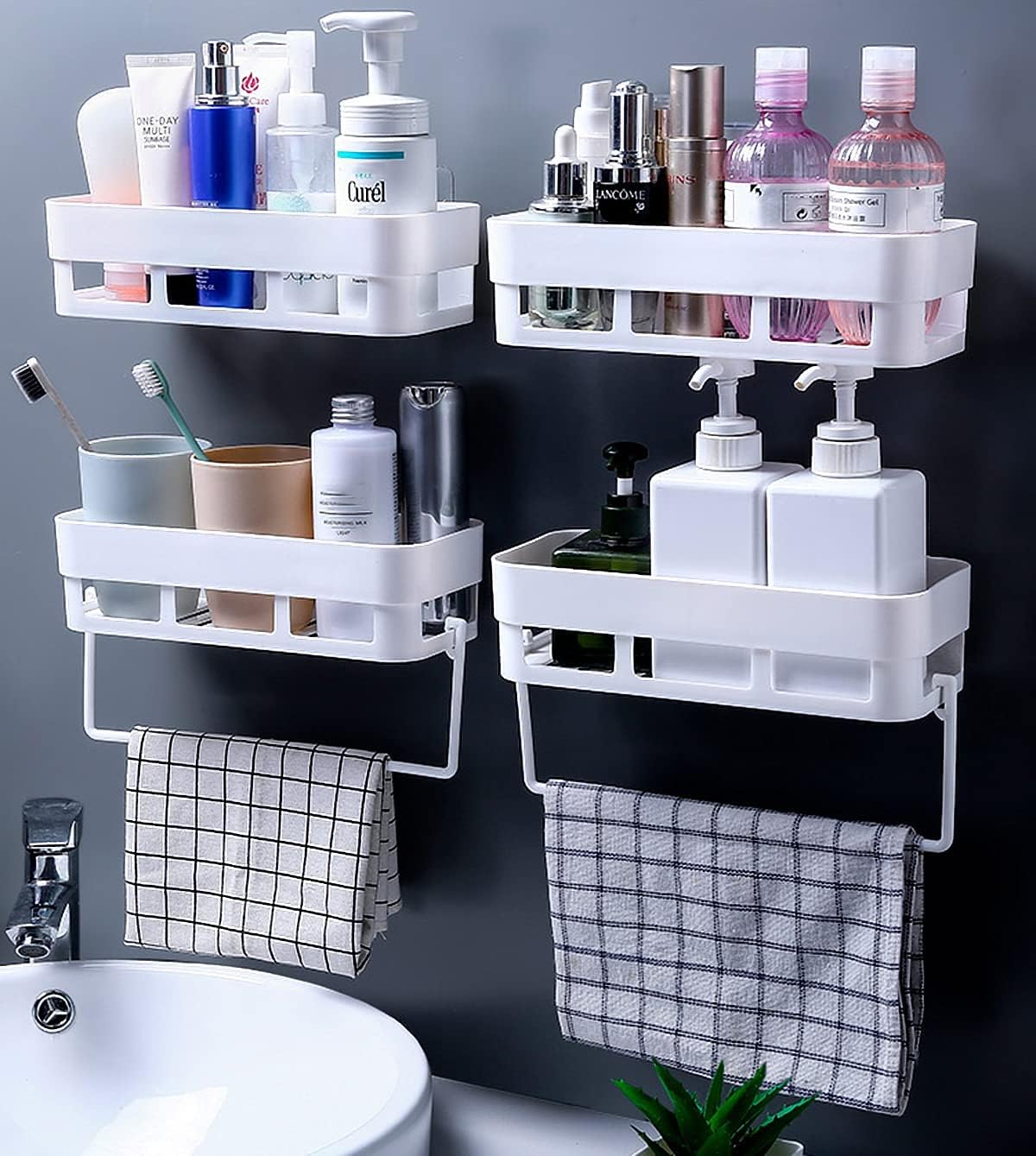 Bathroom Accessories, Bathroom Rack, Bathroom Shelf Organizer, Wall Mounted Shelf, Bathroom Hardware and Accessories (Bathroom Shelves, 4 Bathroom Shelves & 2 Towel Hanger)