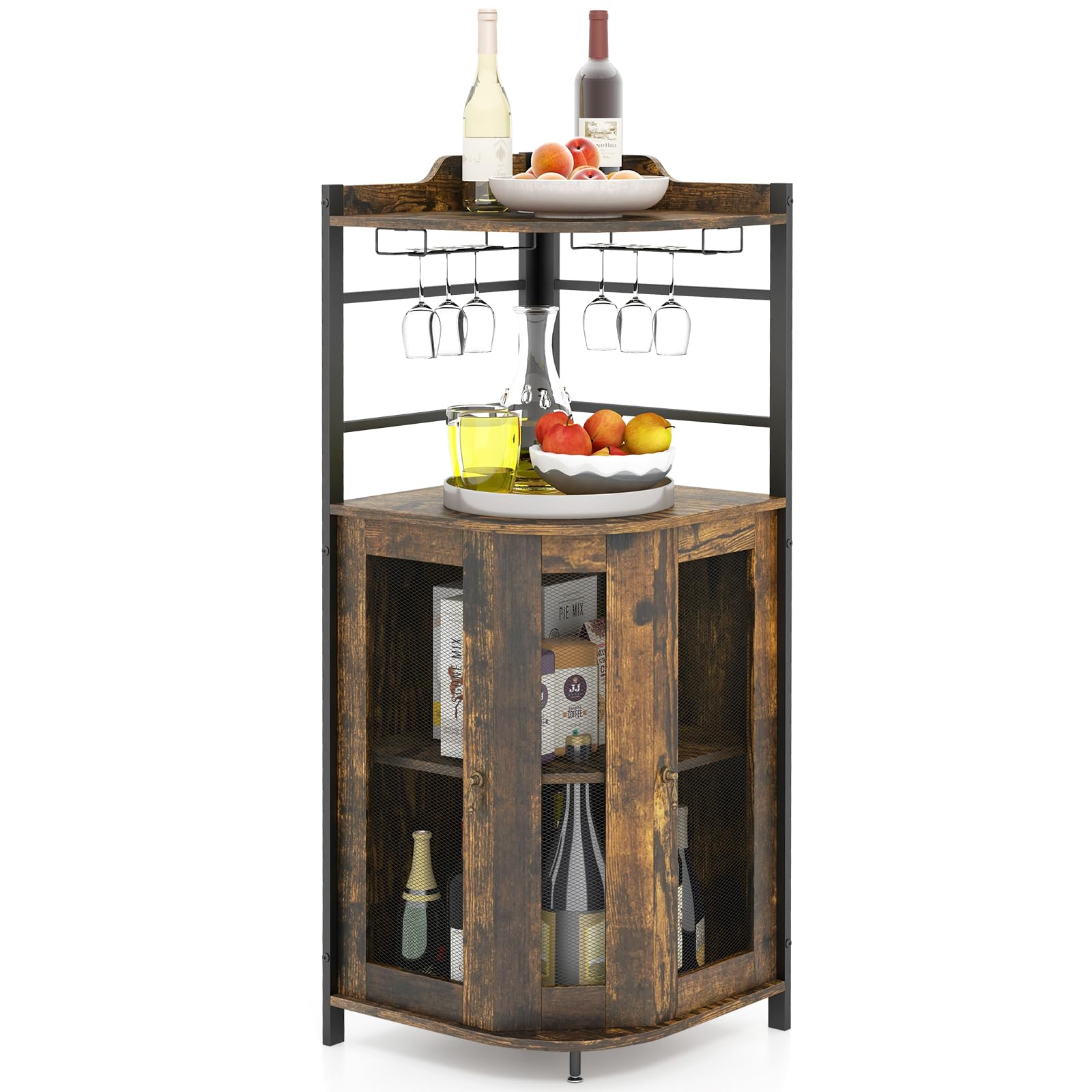 GOPLUS Meuble Cuisine à Vin d'angle Style Industrielle, Étagère Réglable et Porte en Maille, Meuble de Rangement sur Pied avec Porte-Verre à Vin pour Bar, Cuisine, Salon (Marron Rustique)