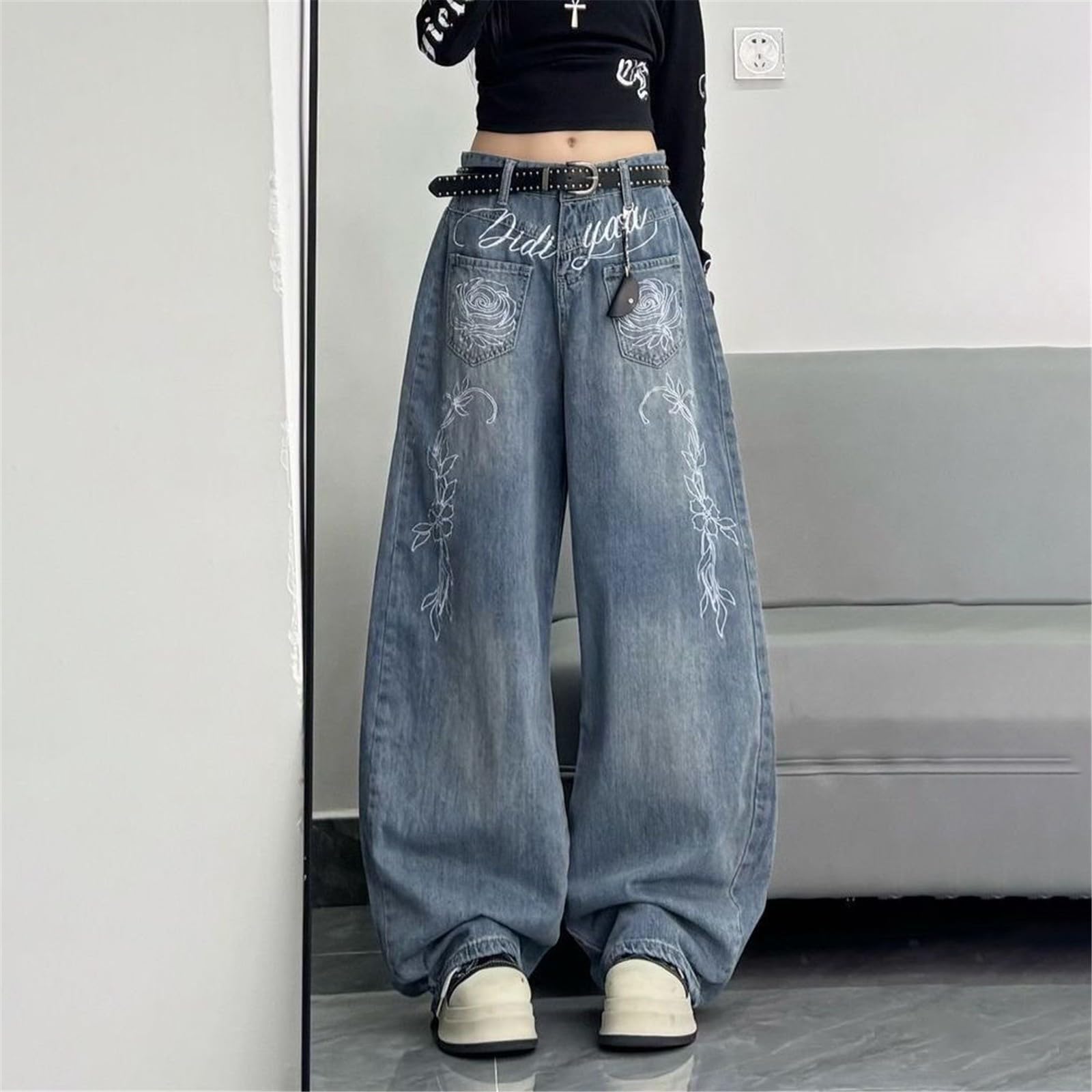 Jeans Donna Leggeri a Palazzo Jeans Elasticizzati Casual Curvy Pantaloni Vita Alta Leggeri Gamba Larga Taglie Forti Pantaloni Denim Baggy Larghi Wide Leg Moda Pants con Tasche Tempo Libero Hiphop