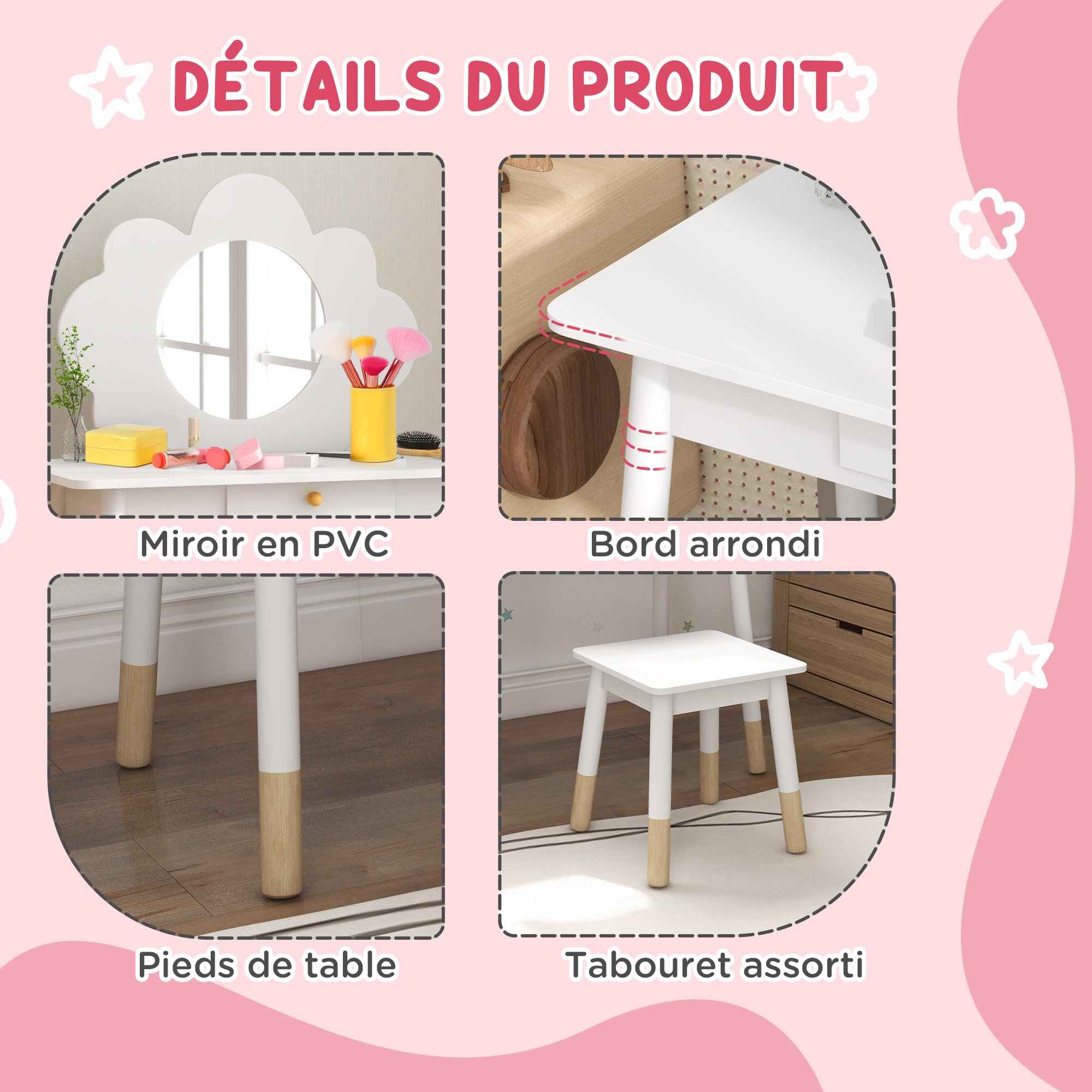 AIYAPLAY Ensemble Coiffeuse pour Enfant avec Tabouret 3 à 6 Ans Blanc | Coiffeuse 2 Pièces, Miroir Forme de Nuage