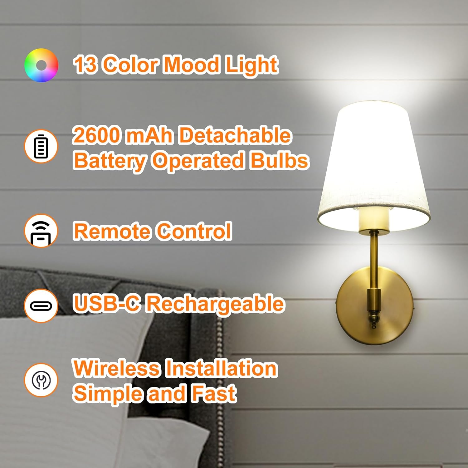 JackonLux Battery Powered Sconces Set of 2, Dimmable Wireless Wall Light with 2600 mAh RGBW Detachable Rechargeable Bulbs and Remote for Bedroom, Living Room and Hallway (Gold, 16.5 Inch)
