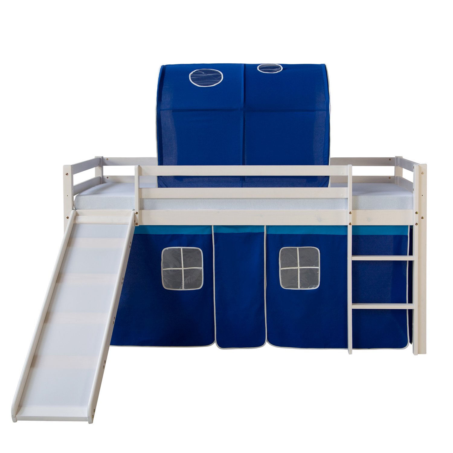 Homestyle4u 1568 Kinderbett 90x200 Weiß - Hochbett mit Rutsche & Leiter | Bettgestell aus Kiefer Massivholz, inkl. blauem Vorhang & Tunnel, Spielbett mit Rausfallschutz für Kinderzimmer