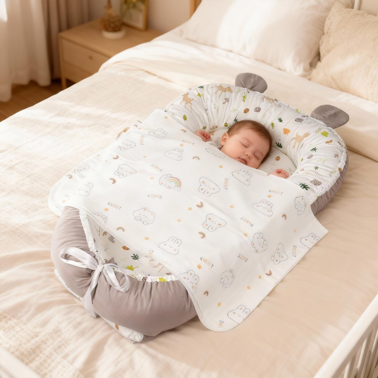 Huracan Baby Nestchen für Neugeborene, Babynest Weiches Kuschelnest aus 100% Baumwolle, Doppelseitig Baby Nest Inkl. Decke & 5 Waschlappen, Maschinenwaschbar, Tragbar Baby Bett für zuhause & unterwegs