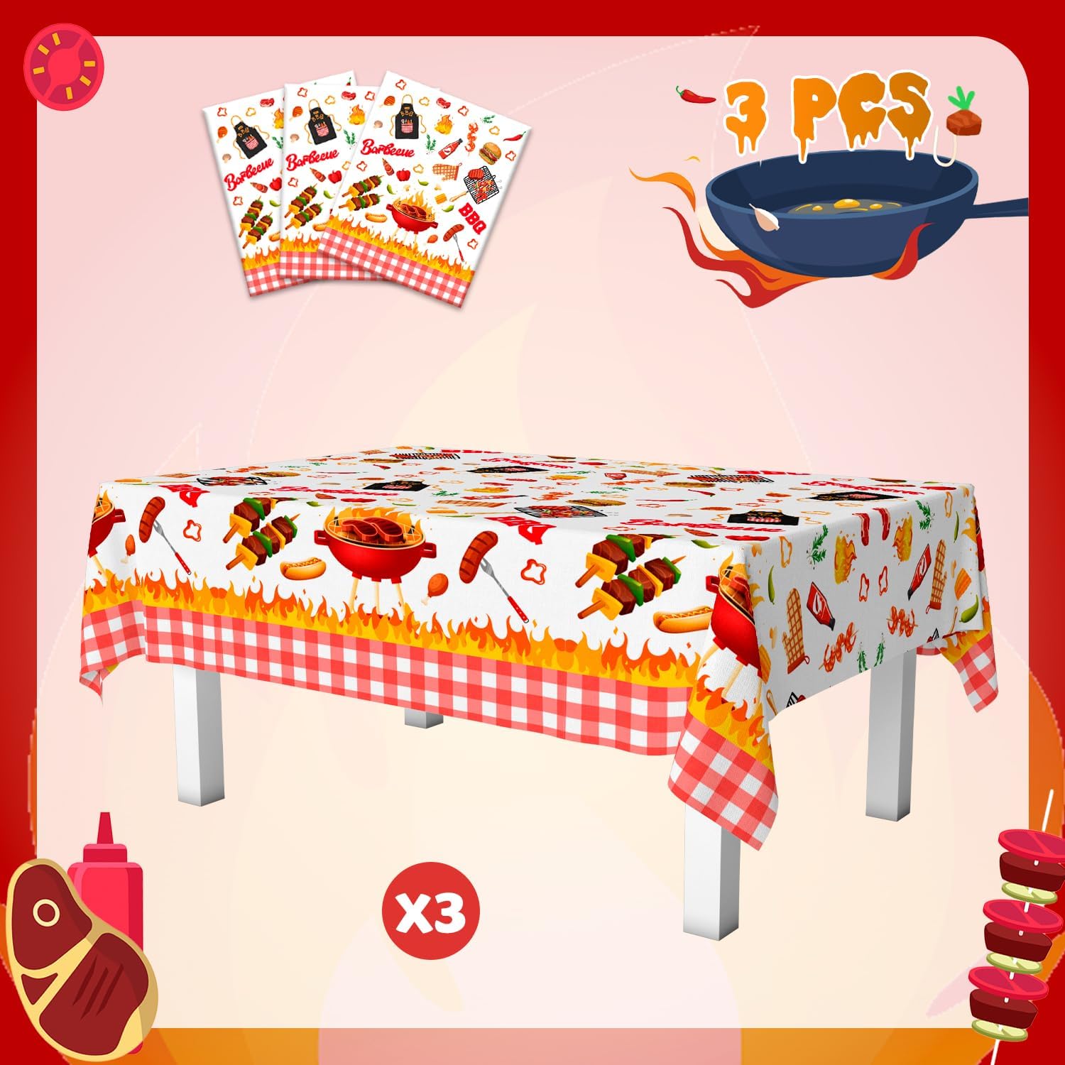3pcs BBQ Party Tablecloths, 54 x 108in Picnic Tablecovers Barbecue Party Tablecloth for Picnic Party Decorations Barbecue Birthday Party Supplies
