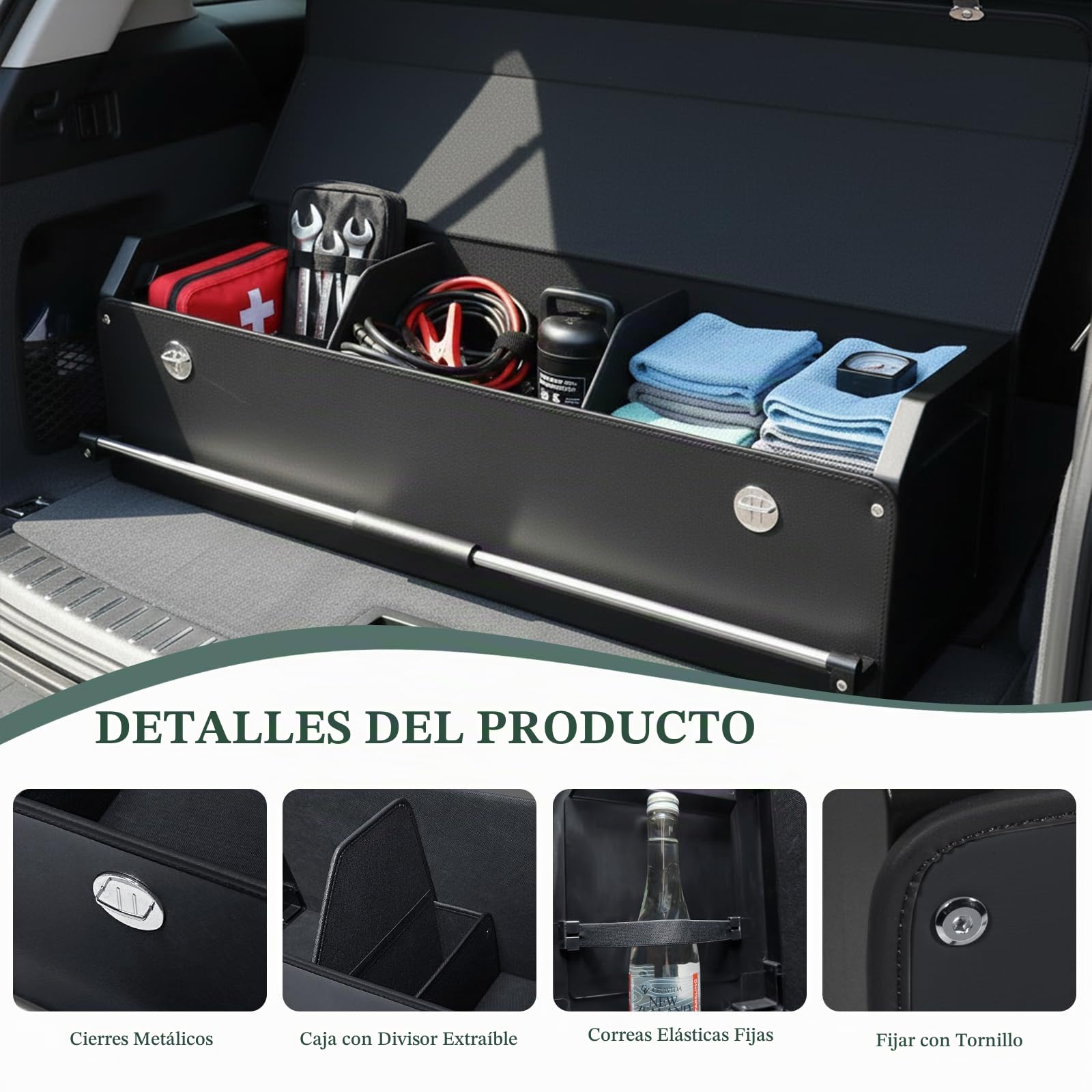 Organizador de Maletero con Tapa – Piel NAPPA Premium, Asa Deslizante Portátil & Caja de Almacenamiento Estable Universal para Coche y SUV (Negro, 103 x 29 x 31 cm)