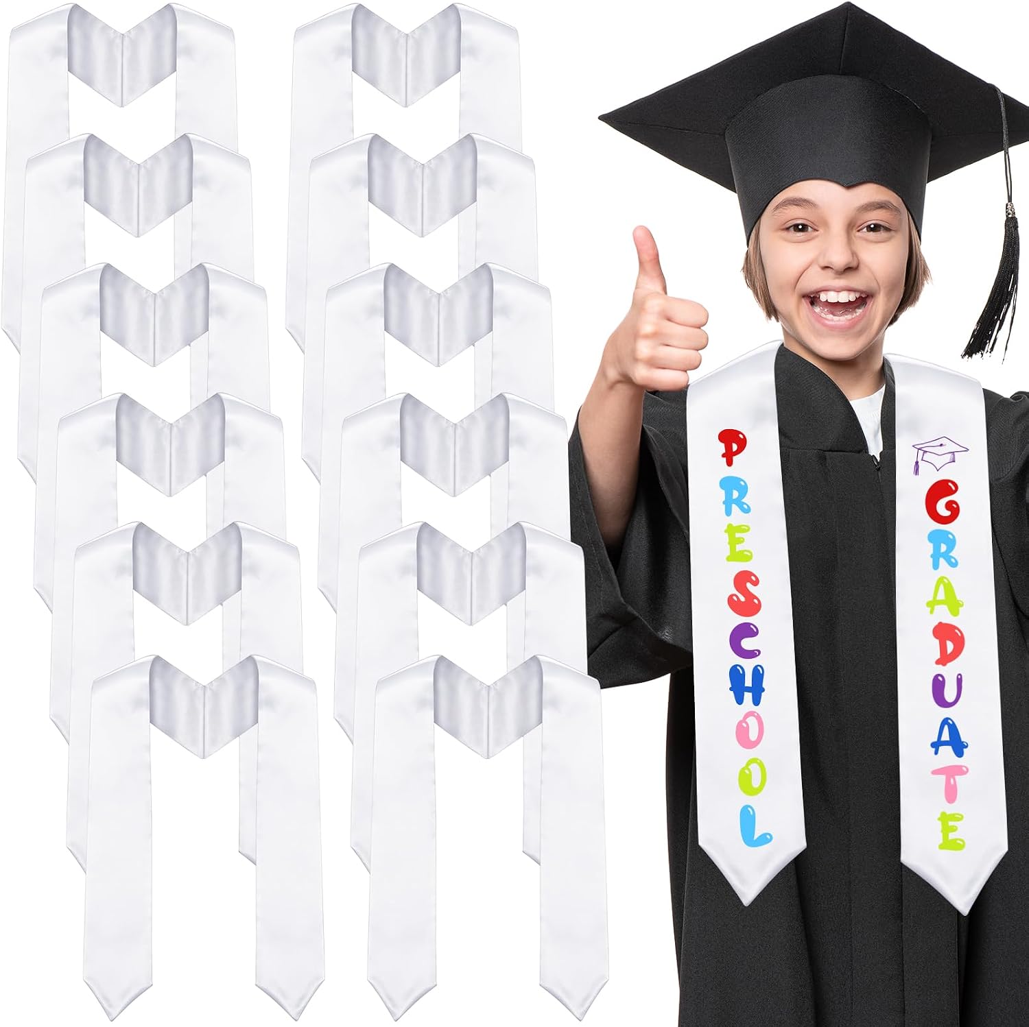 Pascliyna Kindergarten Preschool Graduation Stole, 45” Unisex White Graduation Satin Sash for Kids, DIY Customizable Stole