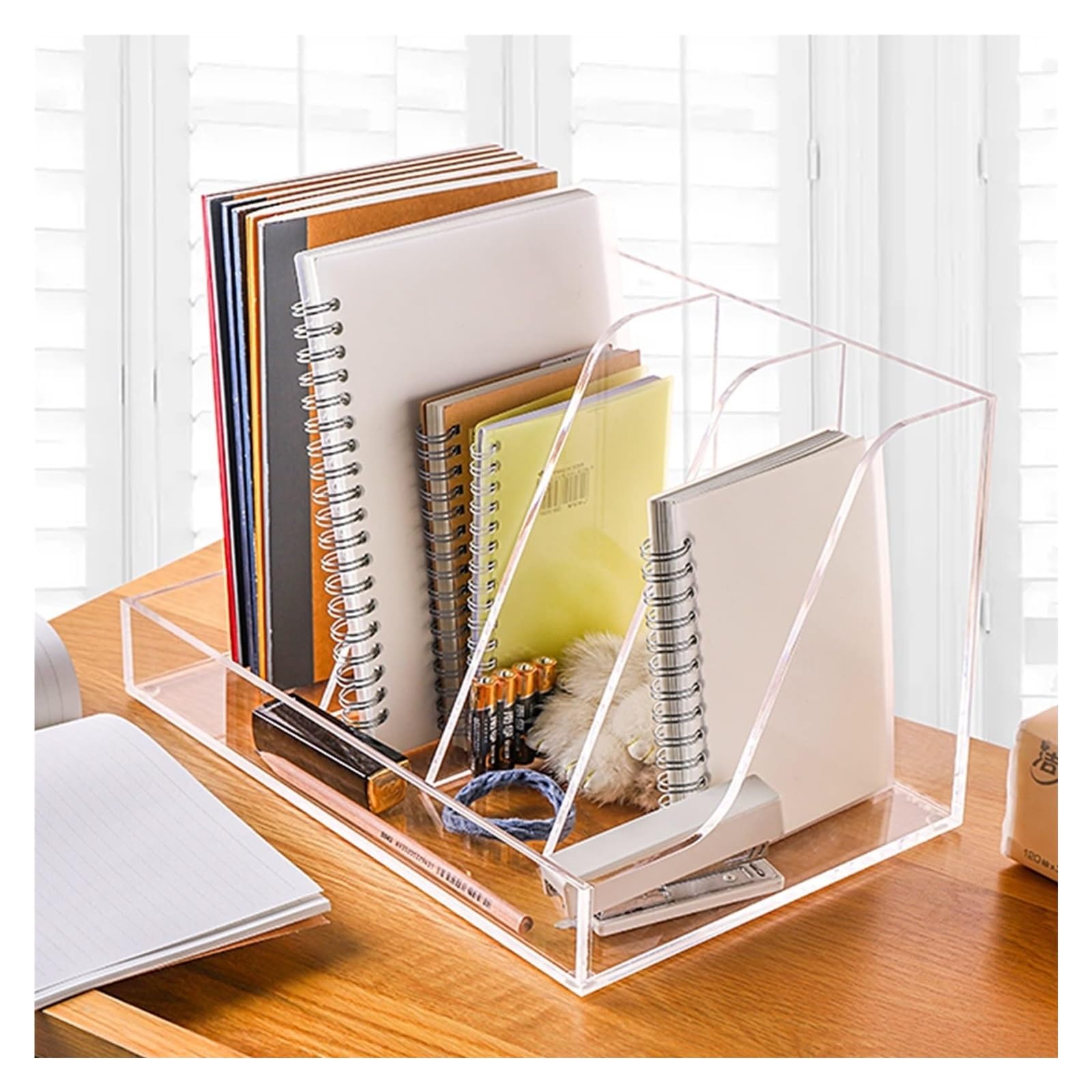 Organizador de escritorio de acrílico transparente con 3 secciones, estantería transparente para oficina, aula, aprendizaje (30,6 x 20,1 x 18,5 cm)