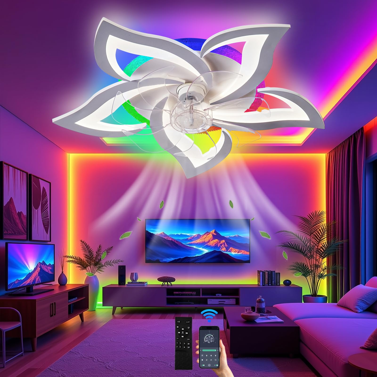lnrosy Ceiling Fans with Lights Remote Control and App Smart RGB Fan Light with Reversible and Timer Modern Led Fan Lamp with 6 Speed and Silent for Bedroom Living Room Office Children's Room White