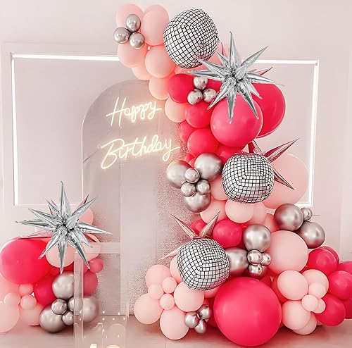 Decoraciones de fiesta de discoteca rosa, kit de arco de globos de color rosa intenso y plateado, decoraciones de fiesta rosa para fiestas de