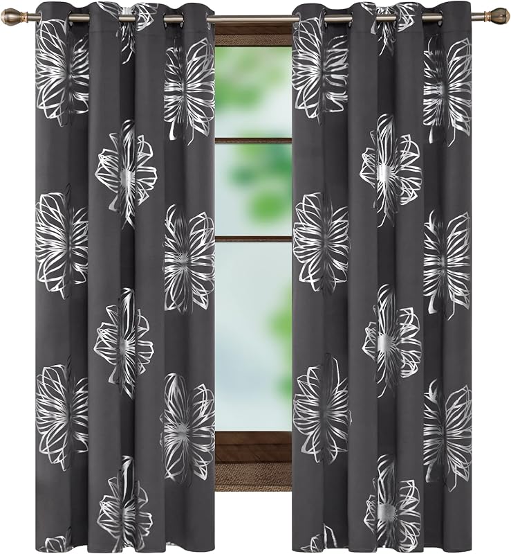 Deconovo Blackout Curtains Foil Print Floral Thermal Insulated Drapes, Room Darkening Grommet Blackout Window Treatments for Living Room, Dark Grey, 52 * 63 Inch, 2 Panels