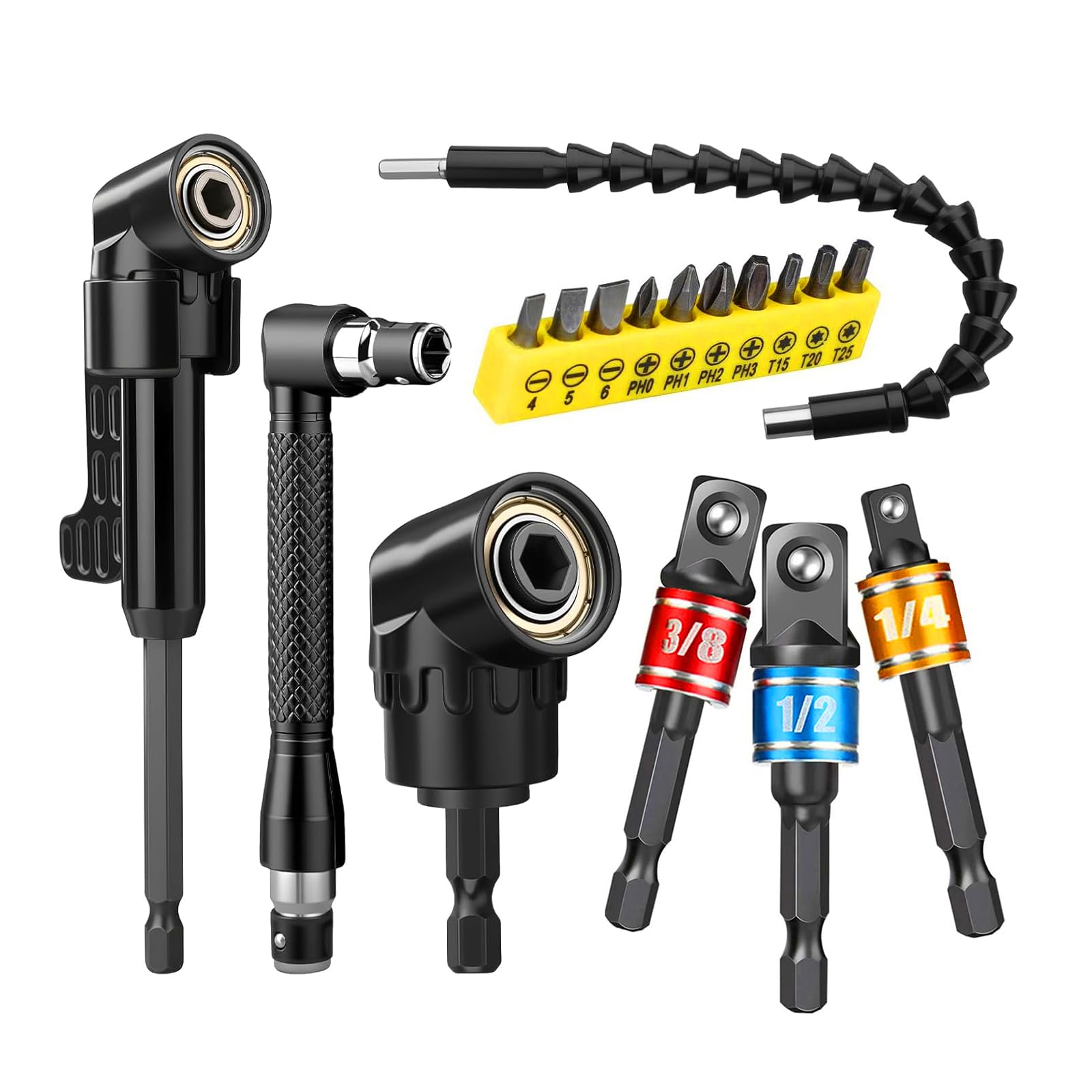 17Pcs Flexible Drill Bit Extension Kit, Includes 2Pcs 105° Right Angle Drill Attachment, 3Pcs Impact Socket Adapter, 10Pcs Screwdriver Bits, L Socket Wrench & Bendable Extension for Tight Spaces