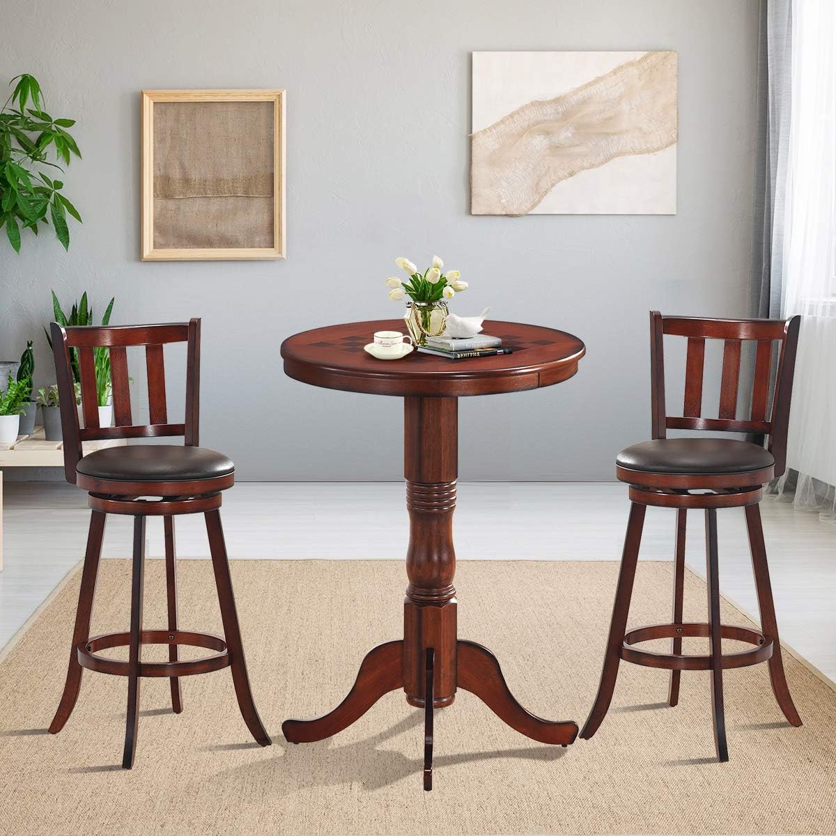 Giantex Round Dining Table, 30" D X 41.5" H, Wooden Pub Pedestal Side Table W/Chessboard, Adjustable Foot Pads, Multi-Purpose Dinner Table for Small Space, Kitchen, Dining Room, Restaurant, Walnut