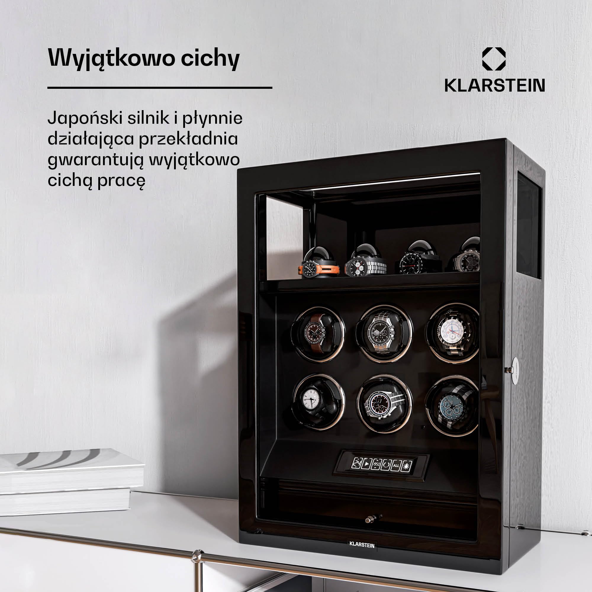 Klarstein SecureTouch Rotomat do zegarków na 10 zegarków – Automatyczny rotomat z blokadą na odcisk palca, Cichy japoński silnik, Wyświetlacz LCD i pilot, Oświetlenie LED, Szuflada na biżuterię