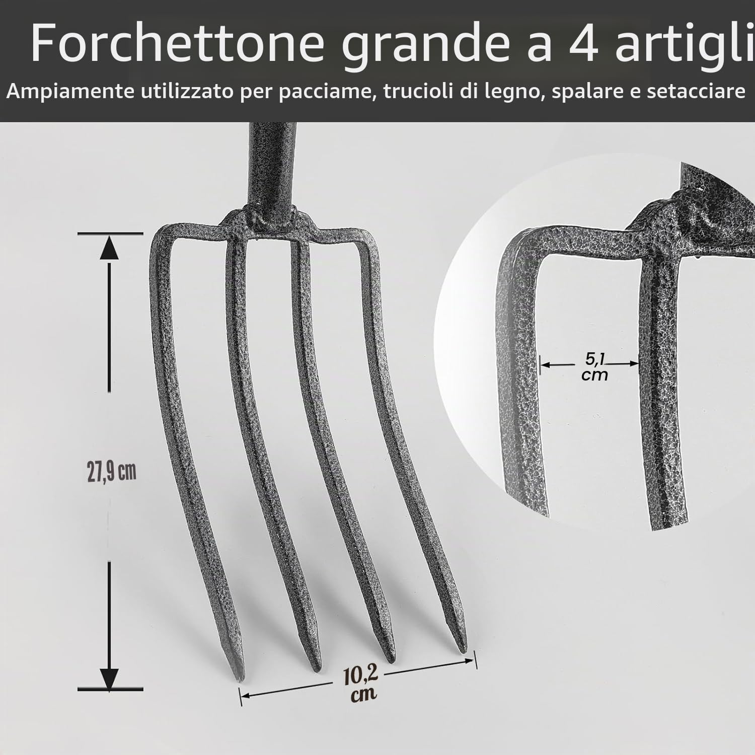 Forca per Vangare, 127cm Forca da Scavo da Giardino a 4 Denti in Acciaio con Manico a D in Metallo, Testa Forgiata 28cm, Ideale per Terreni Duri e Trapianti/Nero
