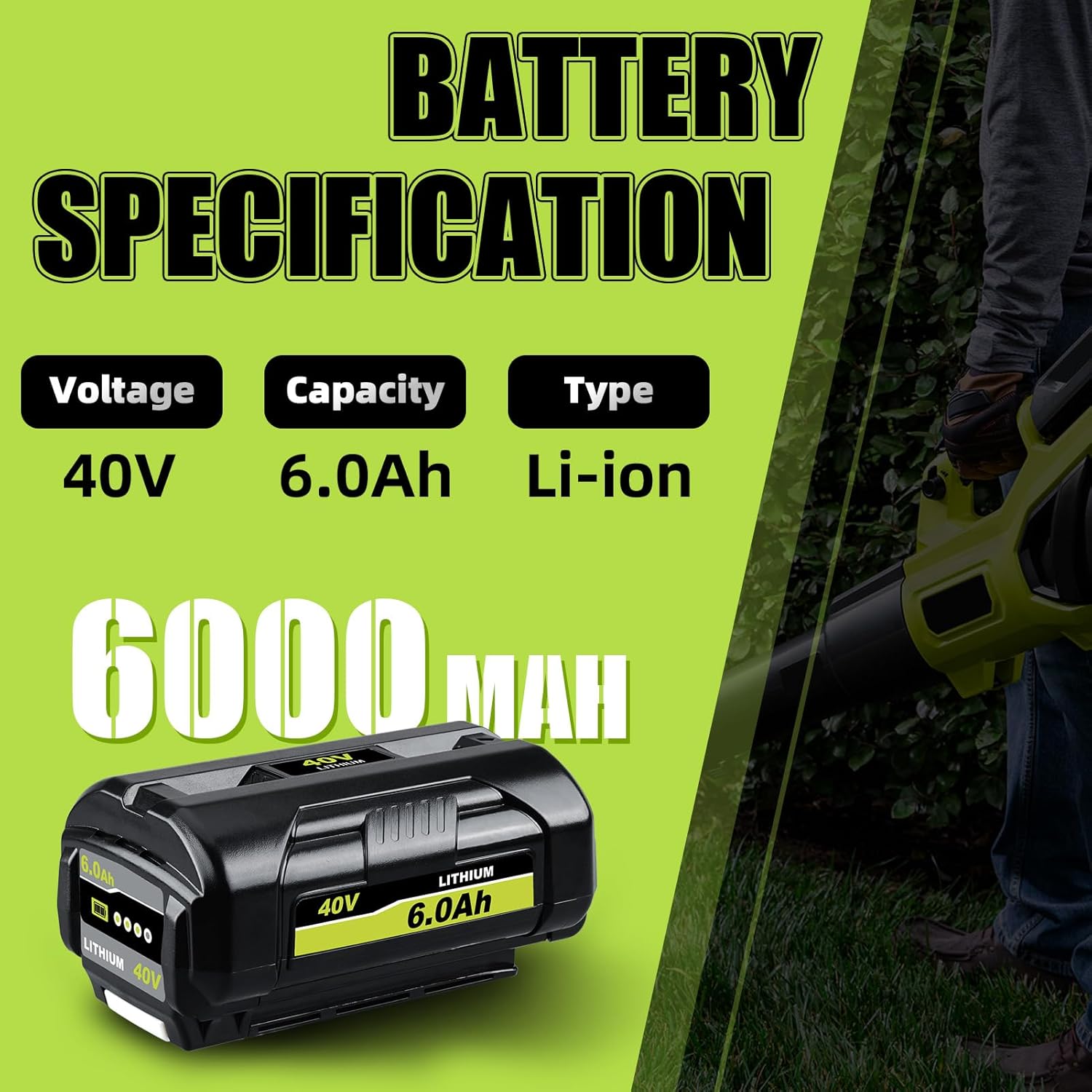VINIDA 6.0Ah 40V OP4040 Lithium-lon Replacement for Ryobi Battery 40V Compatible with Ryobi Battery OP4050A OP40201 OP4026 OP40261 OP4030 OP40301 OP4050 OP4060