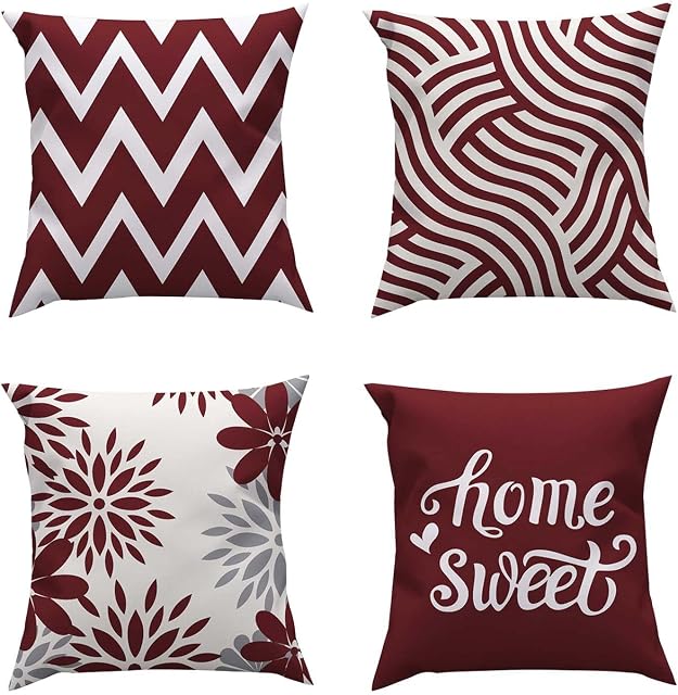 ROCK CLOUD Burgundy Cushion Covers Geometric 45 x 45 cm Set of 4 Decorative Throw Pillow Cover for Couch Modern Pillow Cases for Living Room Cushion Bed Outdoor Car Red and Gray Home Decor