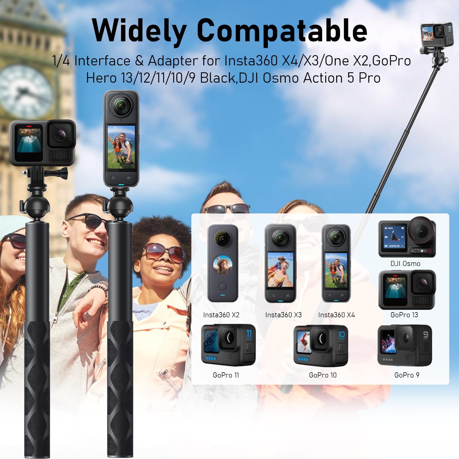 Wiseten Kijek do selfie Insta360 X5 X4 120 cm teleskopowy monopod z głowicą kulową 360° do GoPro Hero 13 12 11 10 9 Black DJI Osmo Action 5 Pro