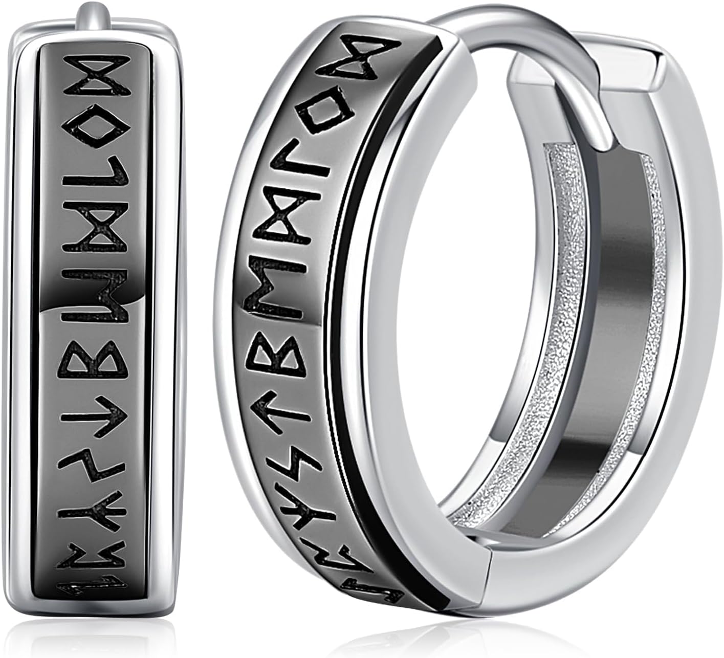 Viking Earrings for Men Women, Norse Viking Hoop Earrings Black Rune Design 925 Sterling Silver Huggie Hoops Earrings Jewelry Gift