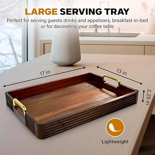 Miniatura 2 de Bandeja de madera de acacia con asas de metal  Bandeja otomana decorativa rústica y mesa auxiliar de 17 x 12 pulgadas para desayuno en la cama,