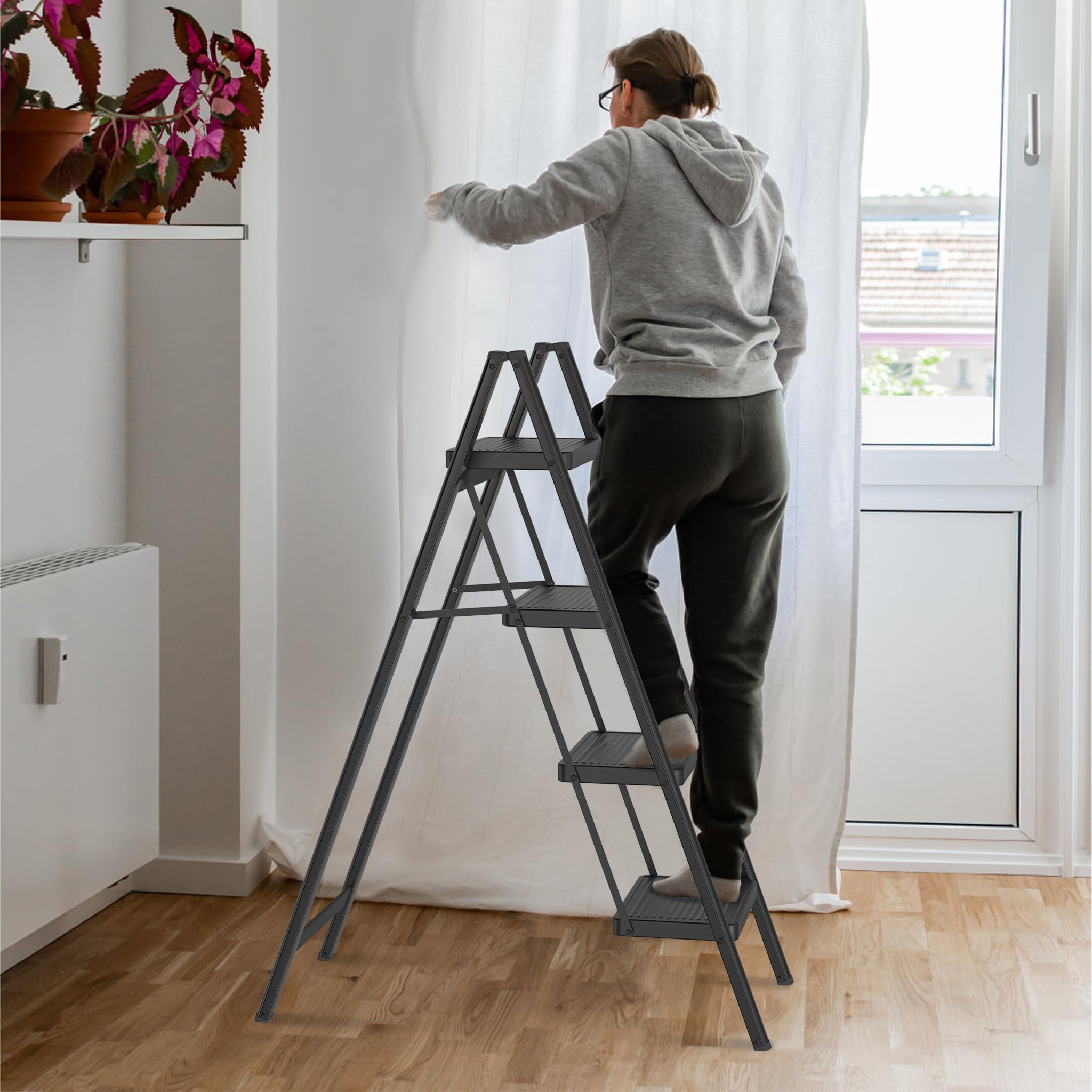 HENGMEI Alu Trittleiter 4 Stufen Leiter Klappleiter Tritthocker rutschfeste Stehleiter Treppenleiter Haushaltsleiter mit Anti Rutsch Pedal Multifunktionale Stufenleiter 150kg Belastbar
