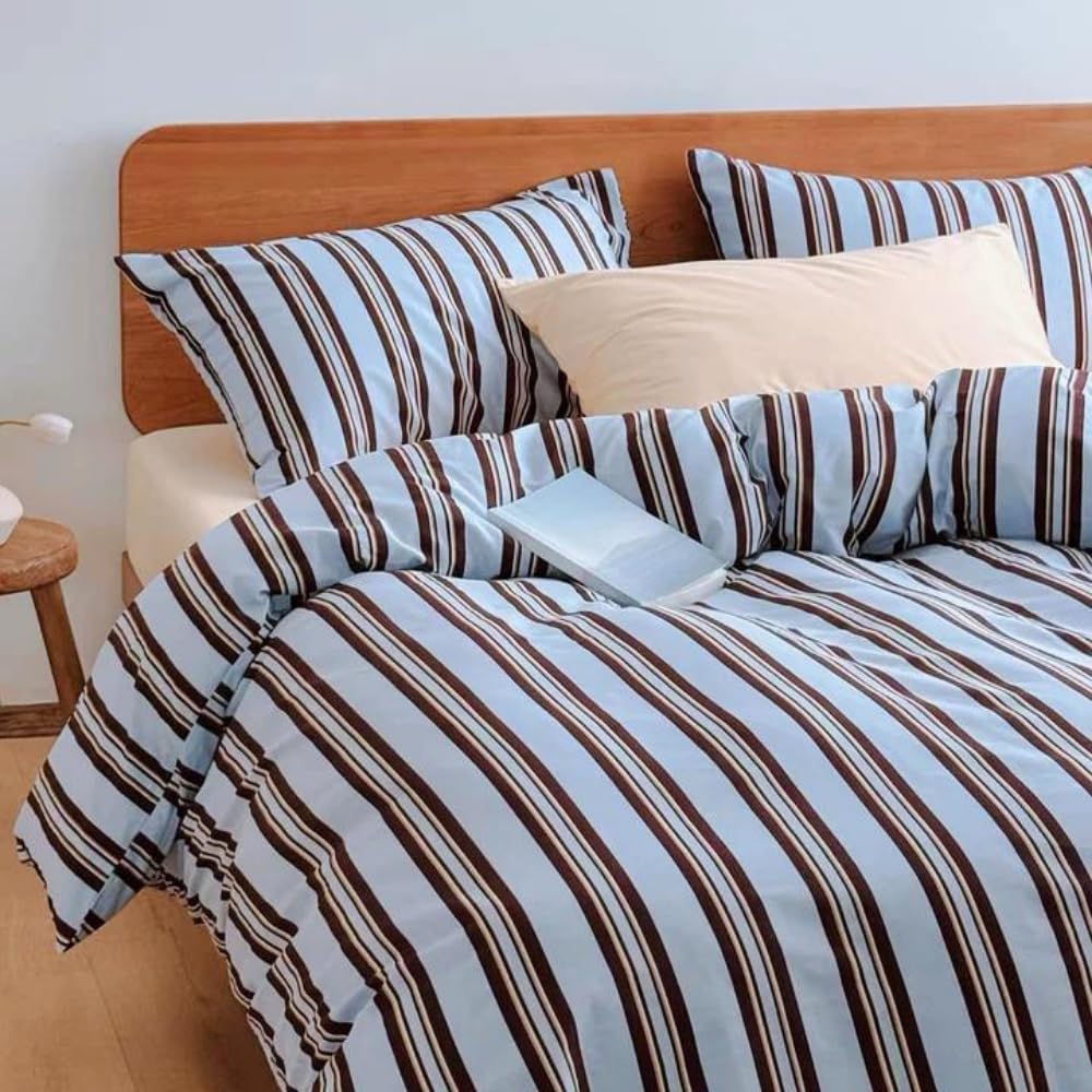 Michorinee King Size Duvet Cover Set Brown Blue Stripe Pattern Bedding Set