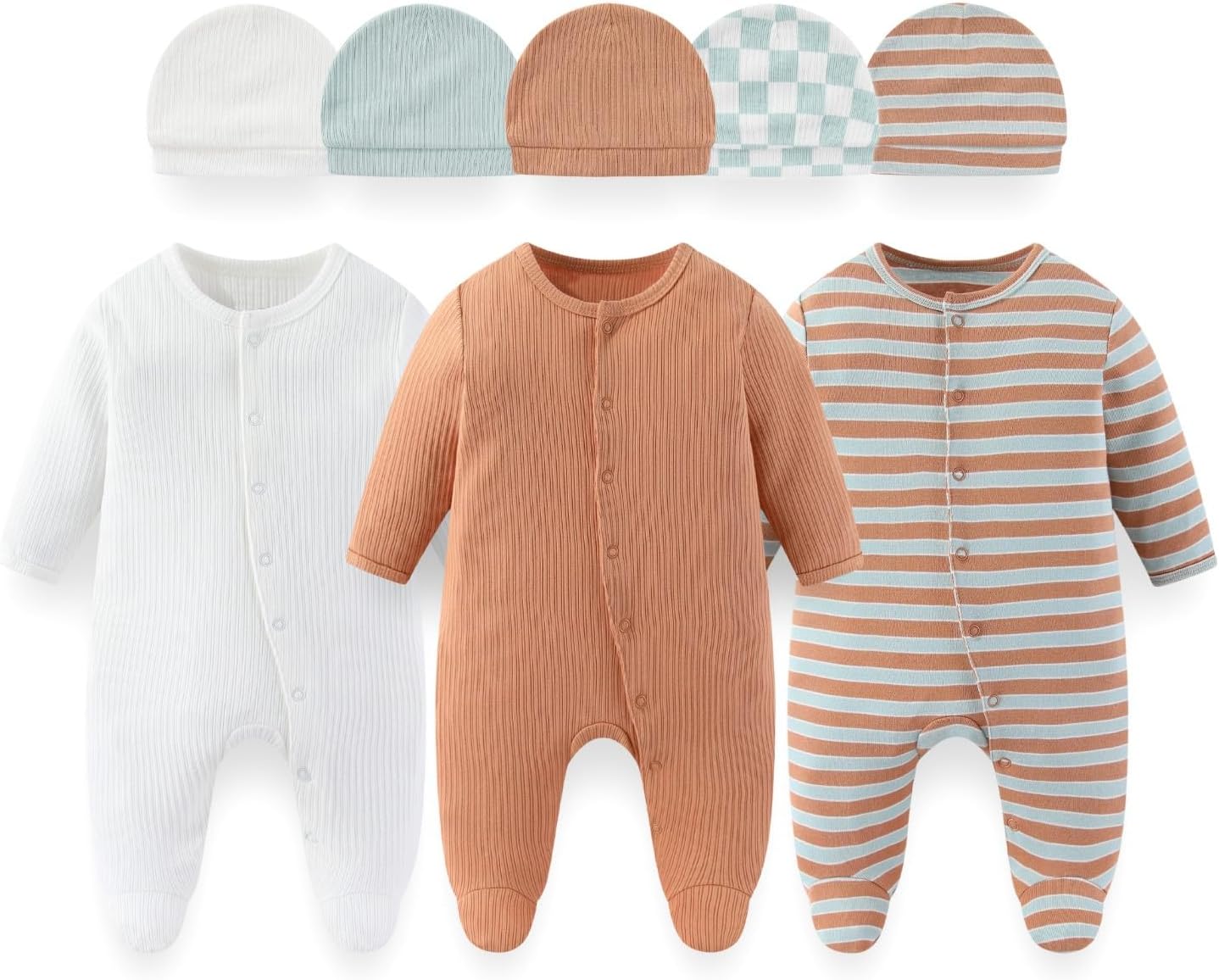 8 Pack Unisex Baby Boy Girl Footed One-piece Outfit Infant Hats 0-12months Comfort New Born Romper Clothes