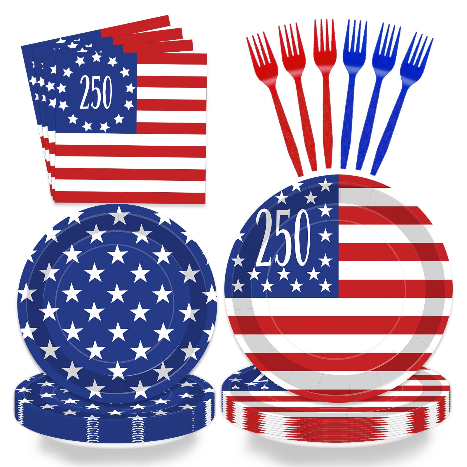 Photo 1 of 250th Anniversary Party Tableware Set, 96PCS American Flag Disposable Plates, Napkins, Forks for Patriotic Party Supplies 4th of July Decorations, Serve 24 (250th Tableware B)