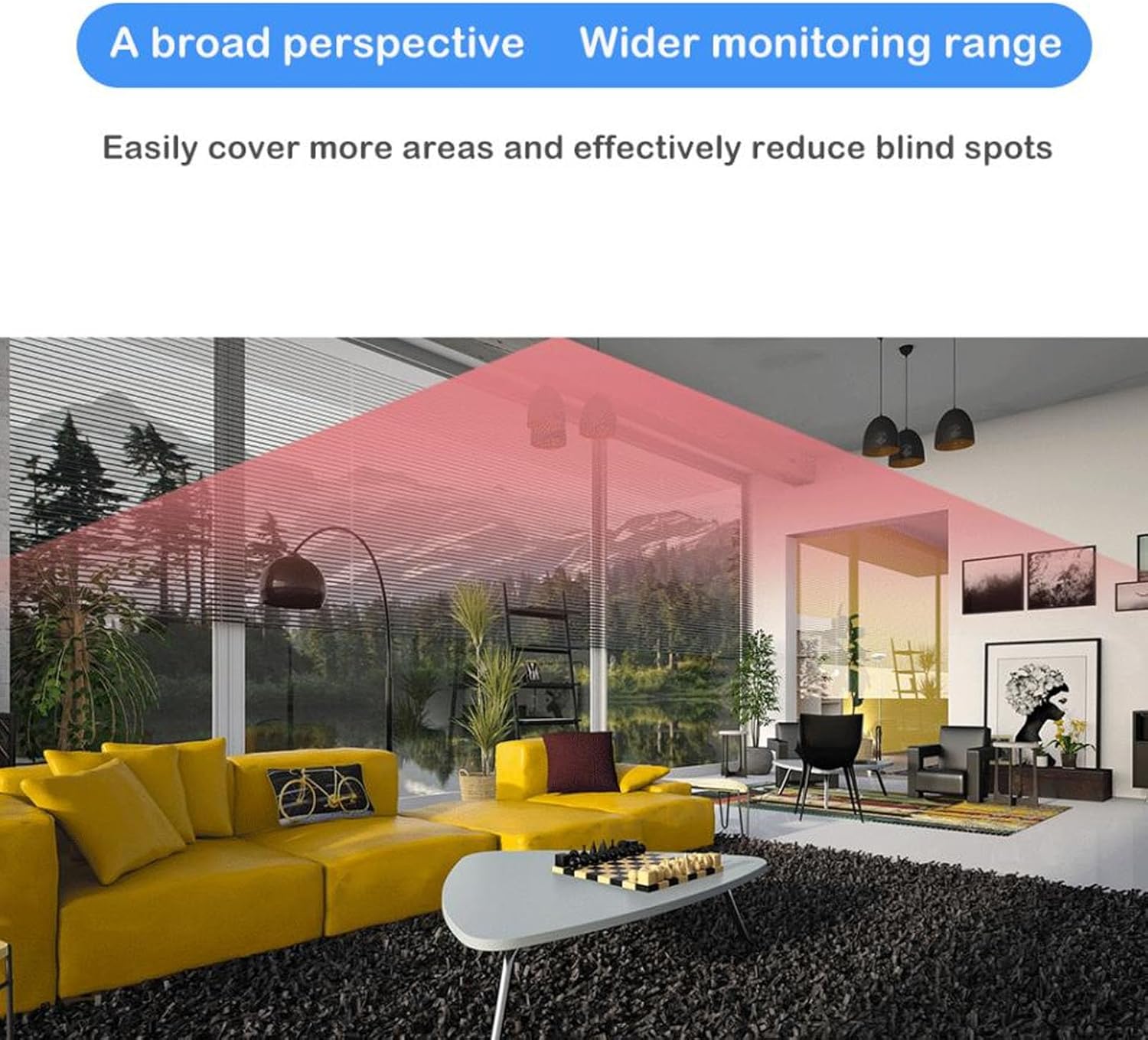 Illustration of the camera's wide-angle view covering a living room, demonstrating its broad perspective and wider monitoring range.