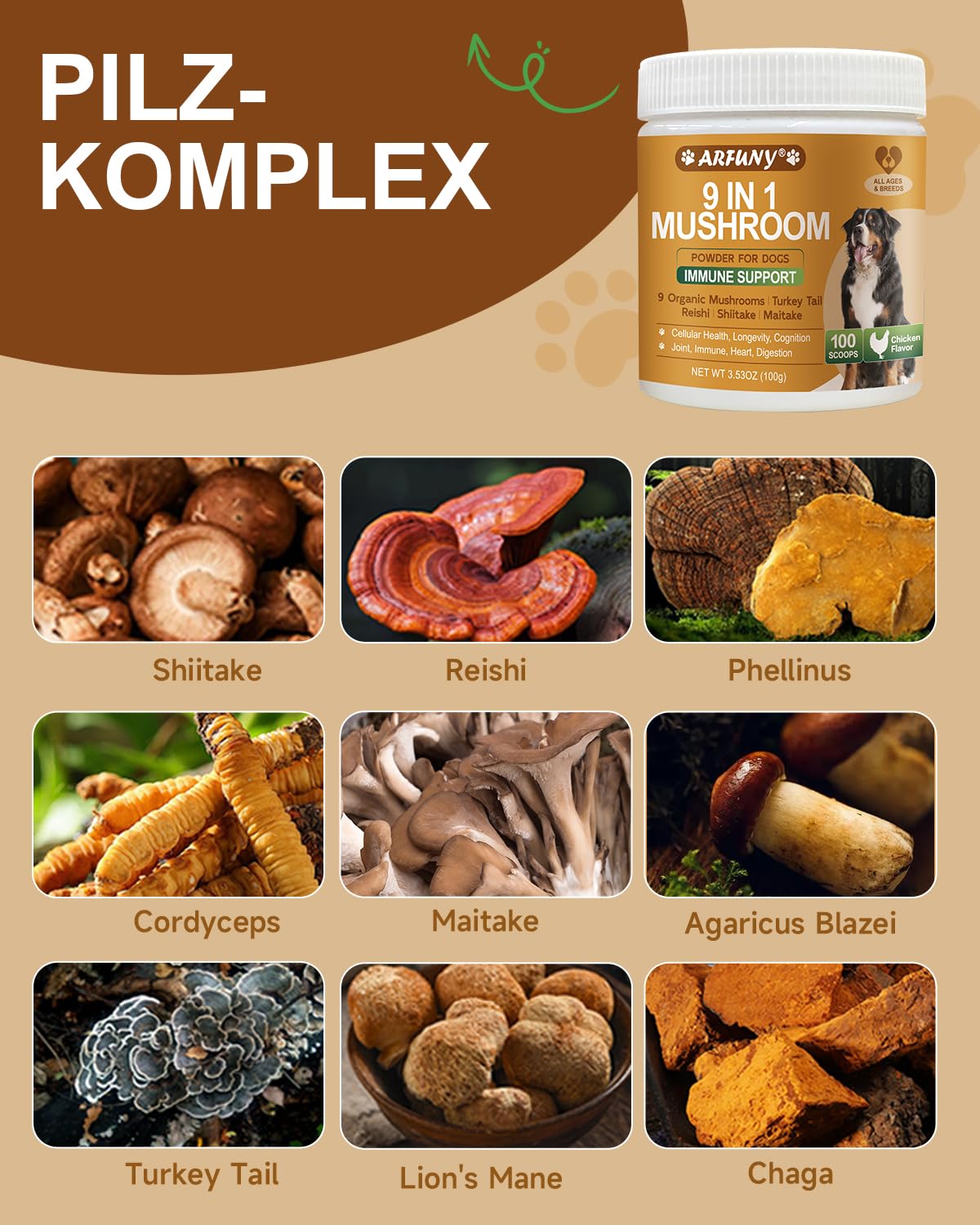 9 en 1 Champignons pour Chiens, Poudre Saveur Poulet | Soutien Digestion, Peau & Pelage, Articulations, Système Immunitaire, avec 9 Champignons