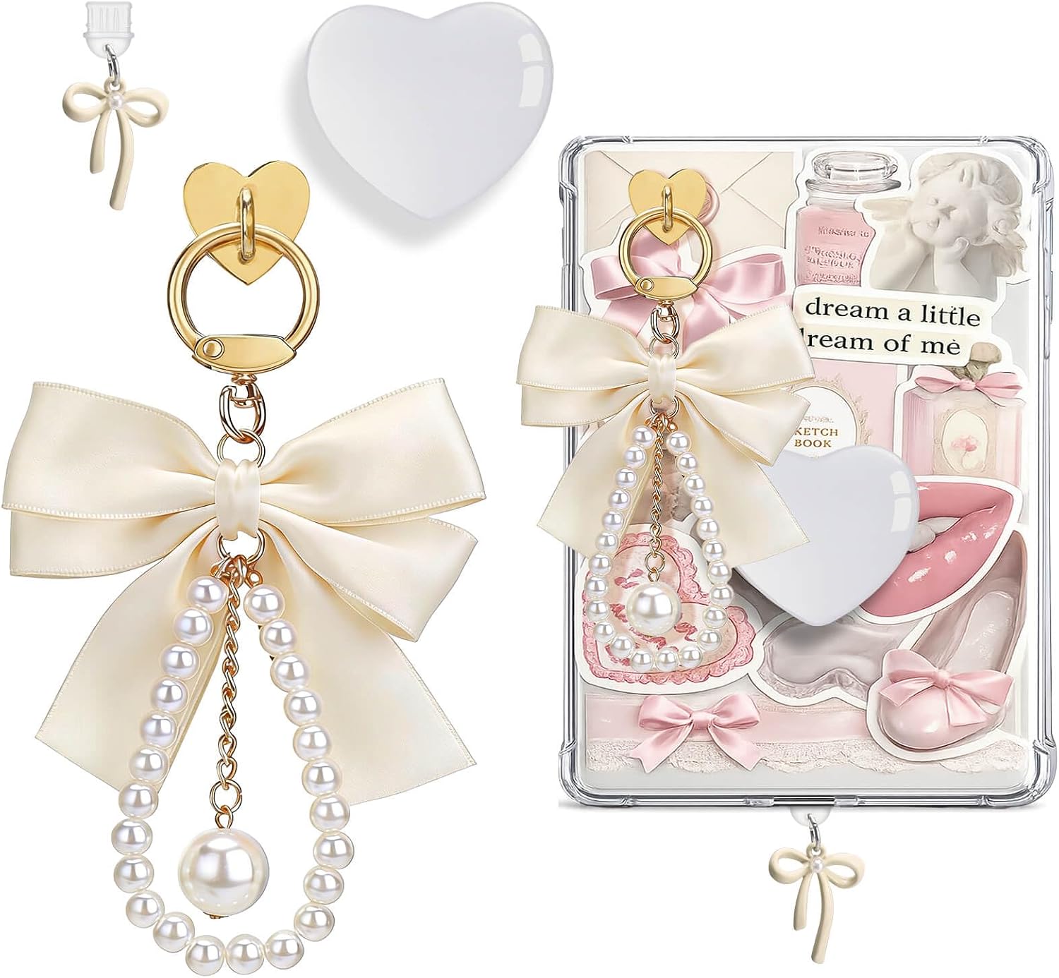 AIERSA Charms Accessories for Kindle Phone, Set Include Cute Heart Grip & Bow Chain, Dust Plug Charm Type C, Compatible with Kindle Paperwhite 11th/12th Gen