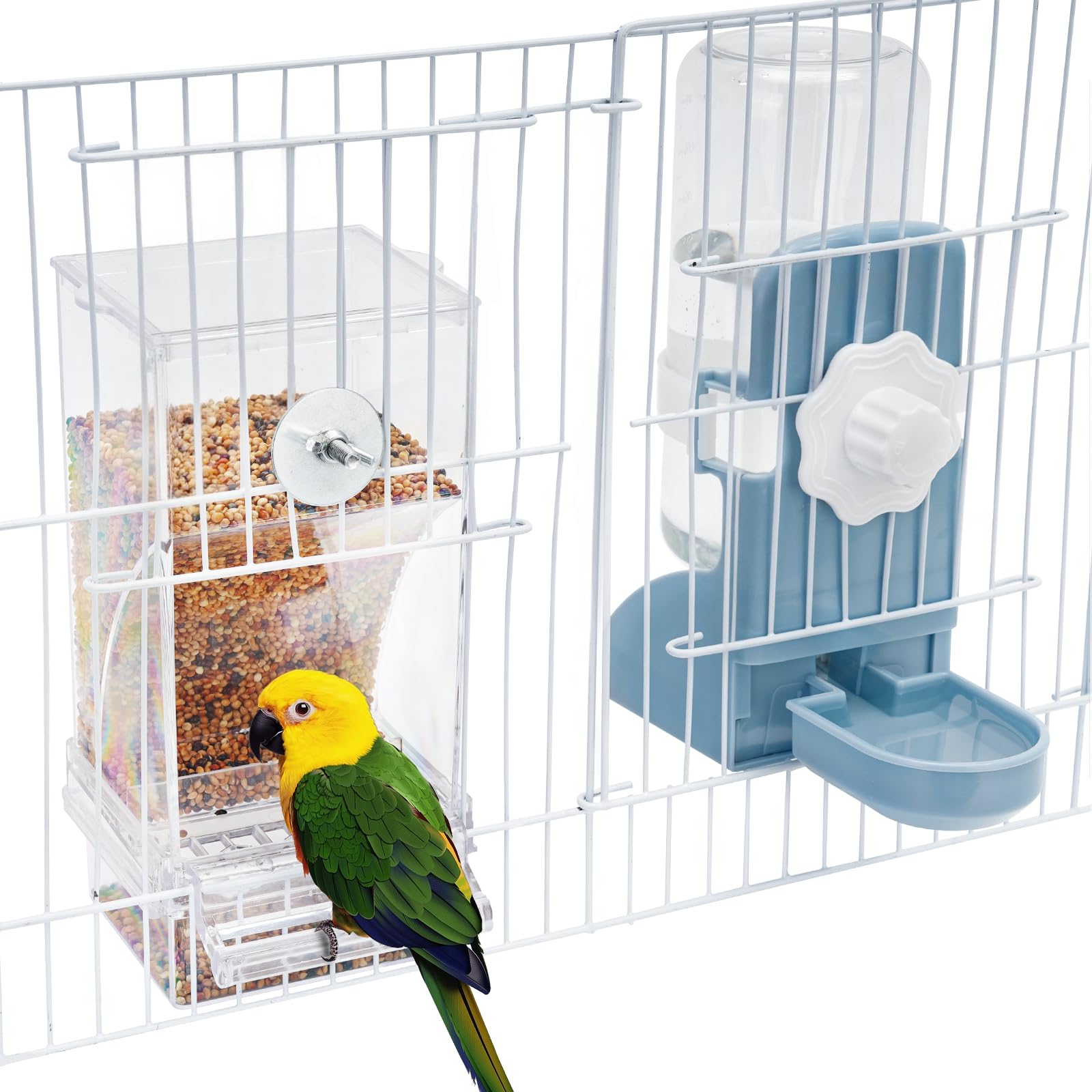No Mess Bird Feeder Water Dispenser Set, Parakeet Cage Accessories, Bird Feeder and Waterers in Cage for Cockatiels, Finches, Lovebirds, Budgies,