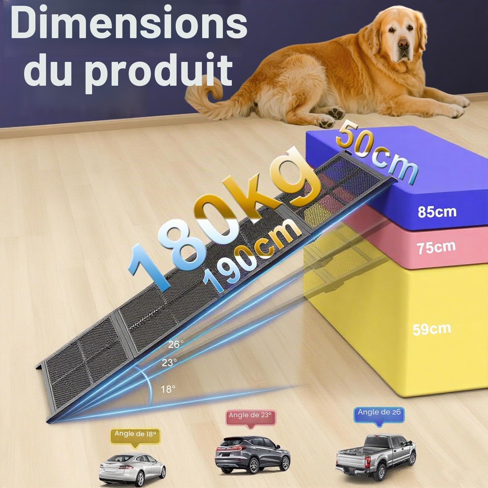 Rampe d'escalier pliable extra longue pour voitures, 190 cm, rampe d'escalier portable pour chien jusqu'à 180 kg, escalier pliable pour chiens de grande race, monter dans une voiture, un SUV, un