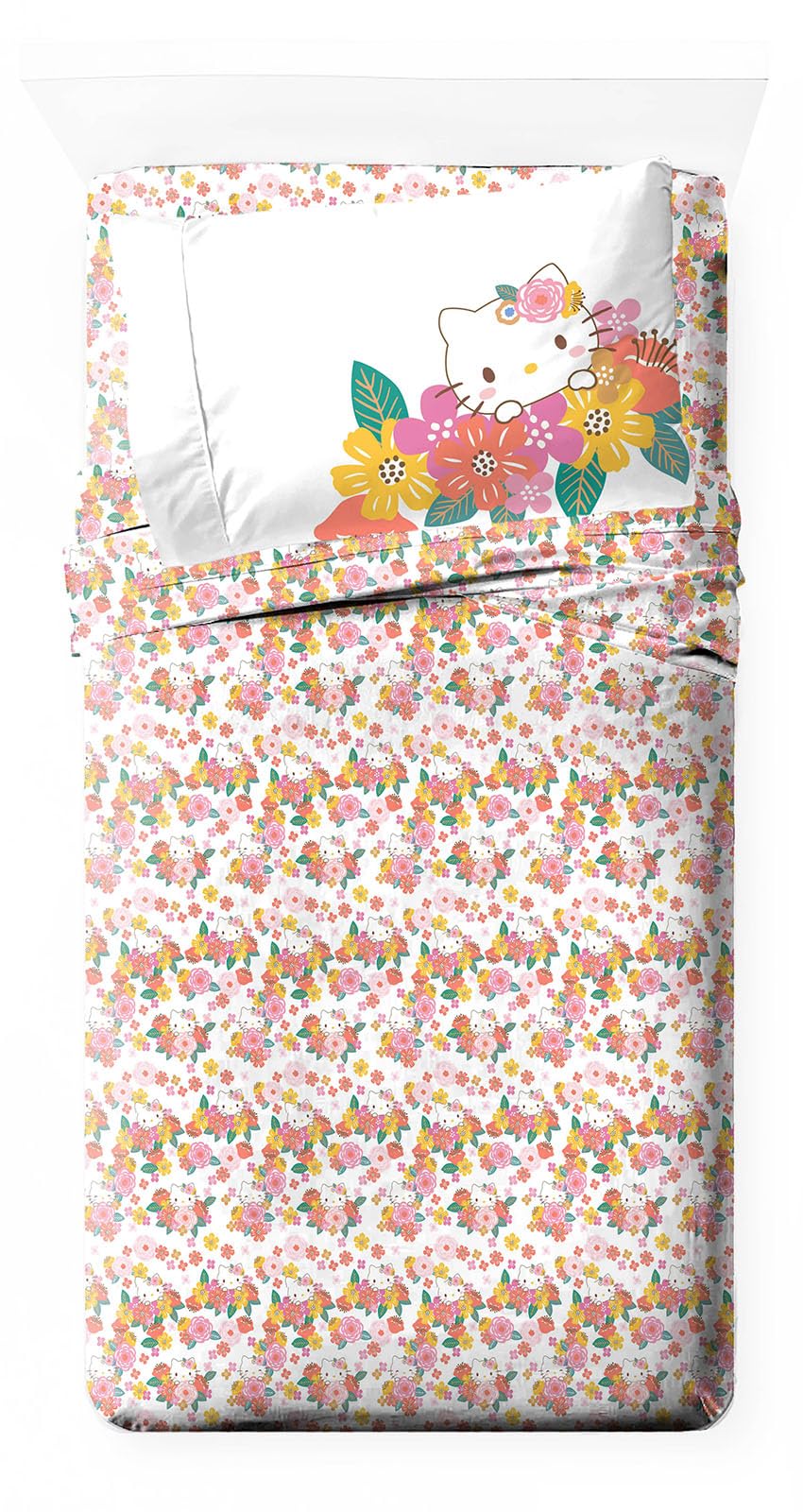 Jay Franco Sheet Set with Fitted, Flat Sheets & Pillow Cover - Ultra-Soft Bedding with Pillowcase for Room Decor, Multi - Hello Kitty, 3 Piece Twin