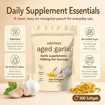 Primus Aged Garlic Extract Softgels, Non-GMO, 200 Count | Aged garlic extract softgels for adults, designed for a simple daily supplement routine