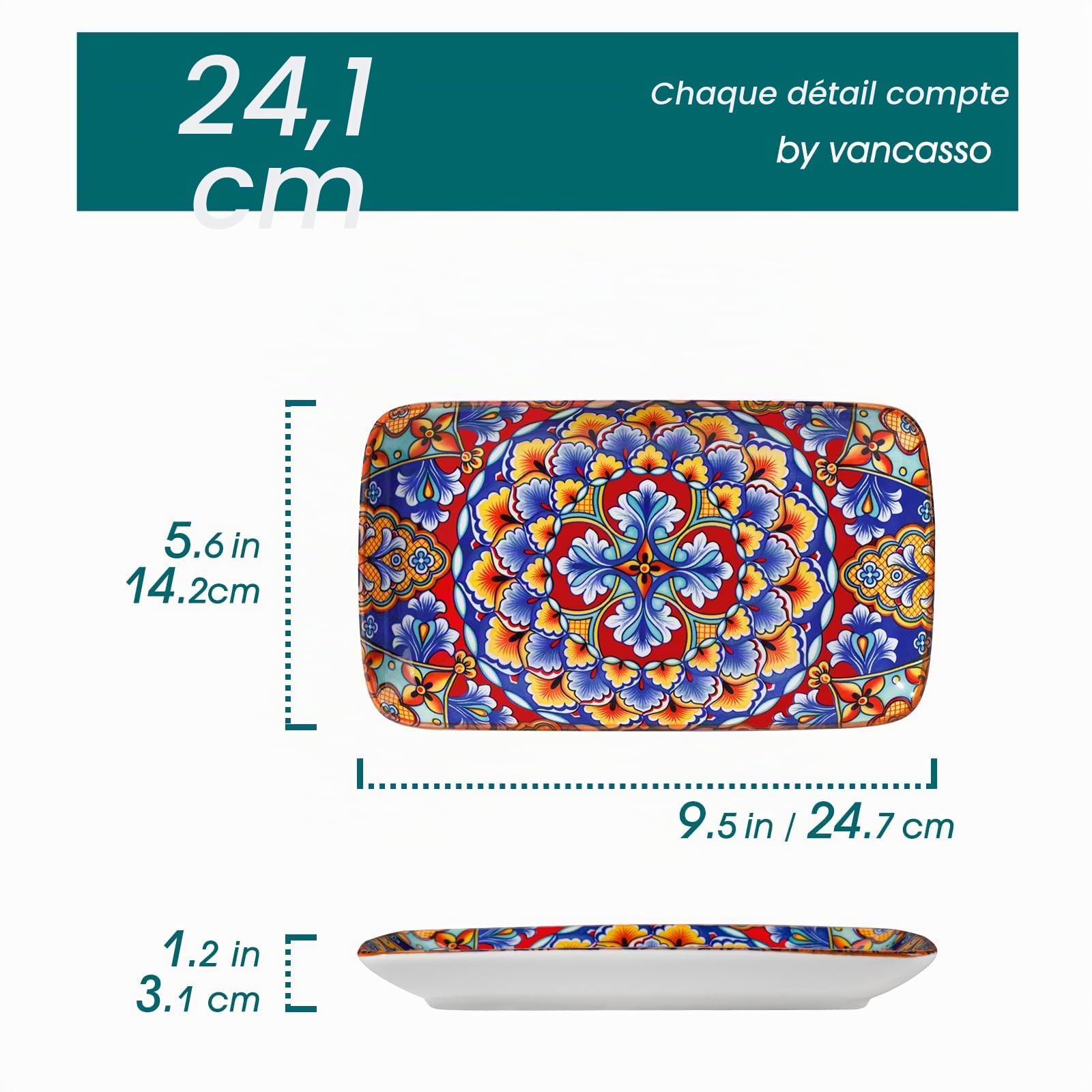 vancasso SIMI Lot de 6 Assiettes Rectangulaires en Porcelaine - 24,7 x 14,2 cm Assiettes Plates pour Entrées, Sushis, Salades et Desserts, Adaptés au Lave-vaisselle et au Micro-ondes, Style Bohème