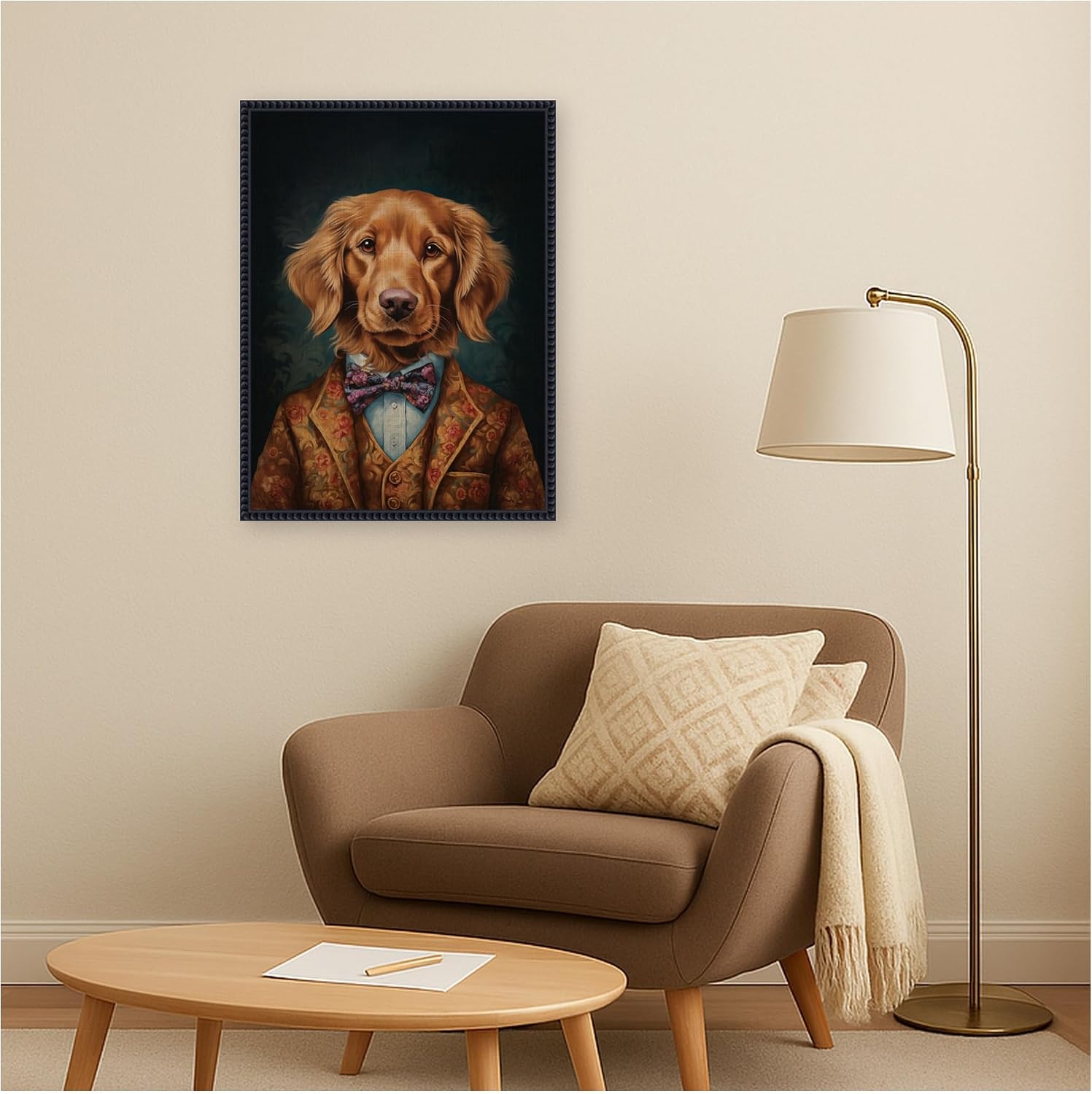 Kate and Laurel Framed Canvas Wall Art Print Regal Portrait of a Golden Retriever by The Creative Bunch Studio, 18 x 24 Sylvie Beaded Black Frame, Whimsical, Animal Art for Wall Decor