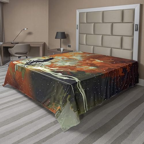 Lunarable Fantasy Flat Sheet, Person Silhouette on Bike to Milky Way Space Futuristic Time Travel Artwork Print, Soft Comfortable Top Sheet