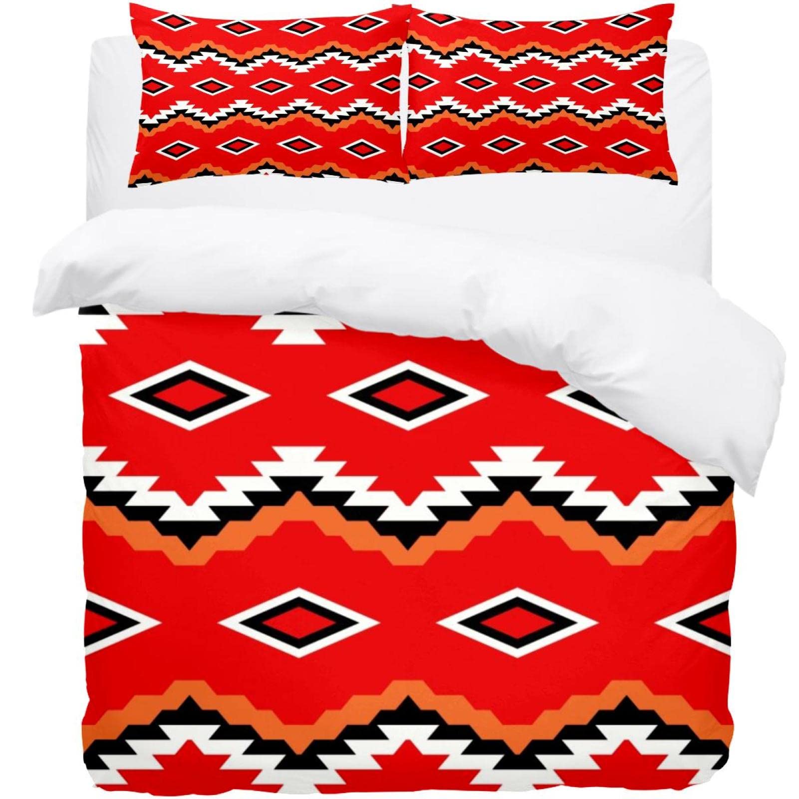 Housse de couette rouge motif géométrique avec ses 2 taies d'oreiller assorties pour lit double