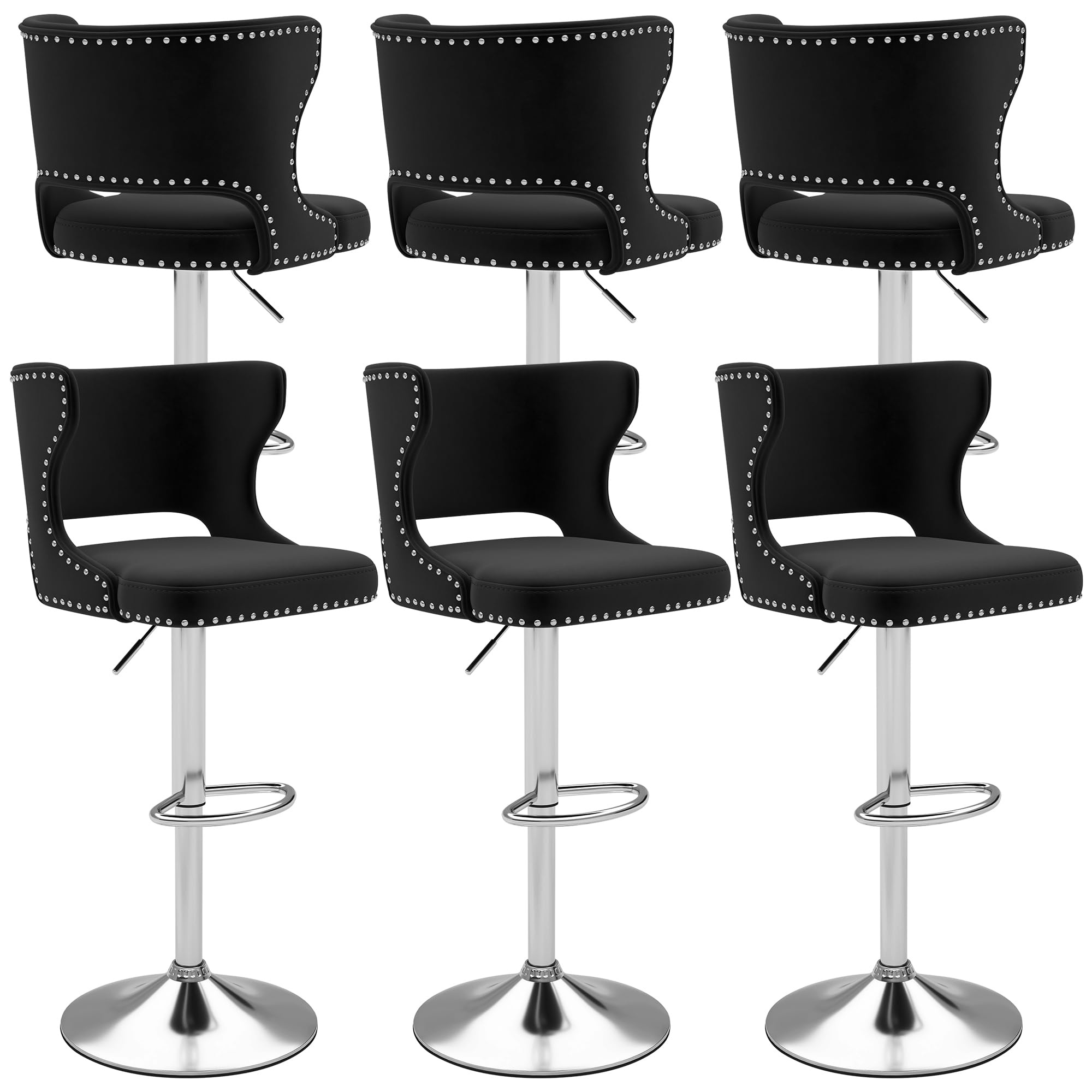ABET Bar Stools Set of 6, Velvet Swivel Island Chairs, Adjustable Silver Barstools with Hollow Back and Footrest, Upholstered Counter Height Stool