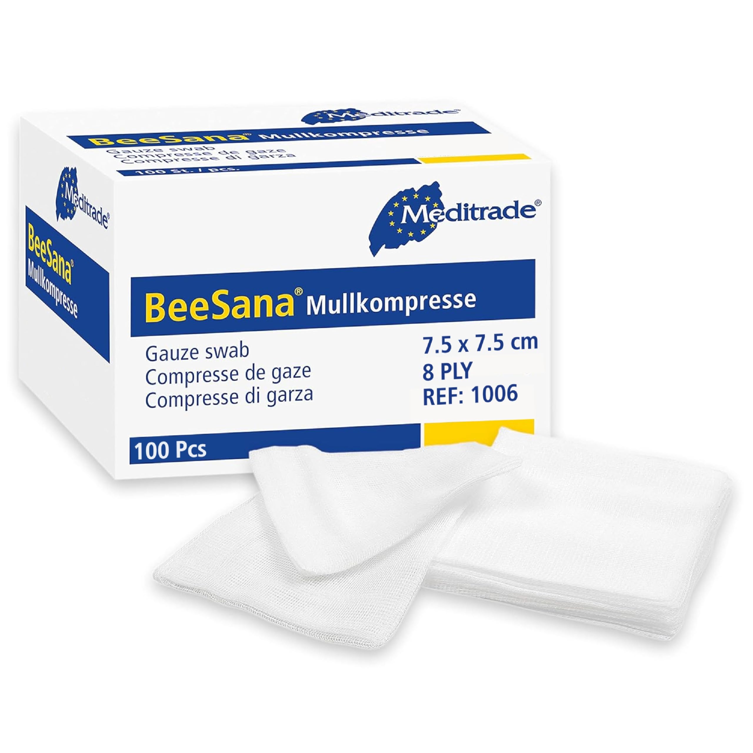 Gauze Swabs with Selvedge Cutting Edges, Non-Sterile Cotton, Pack of 100 (8ply) (7.5cmx7.5cm) - Meditrade, White