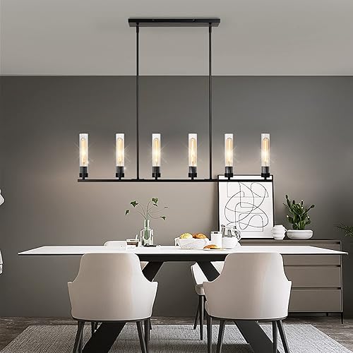 Miniatura 3 de Untrammelife Candelabro lineal de 6 luces 42 pulgadas negro con pantalla de vidrio transparente moderna lámpara colgante rectangular de isla de