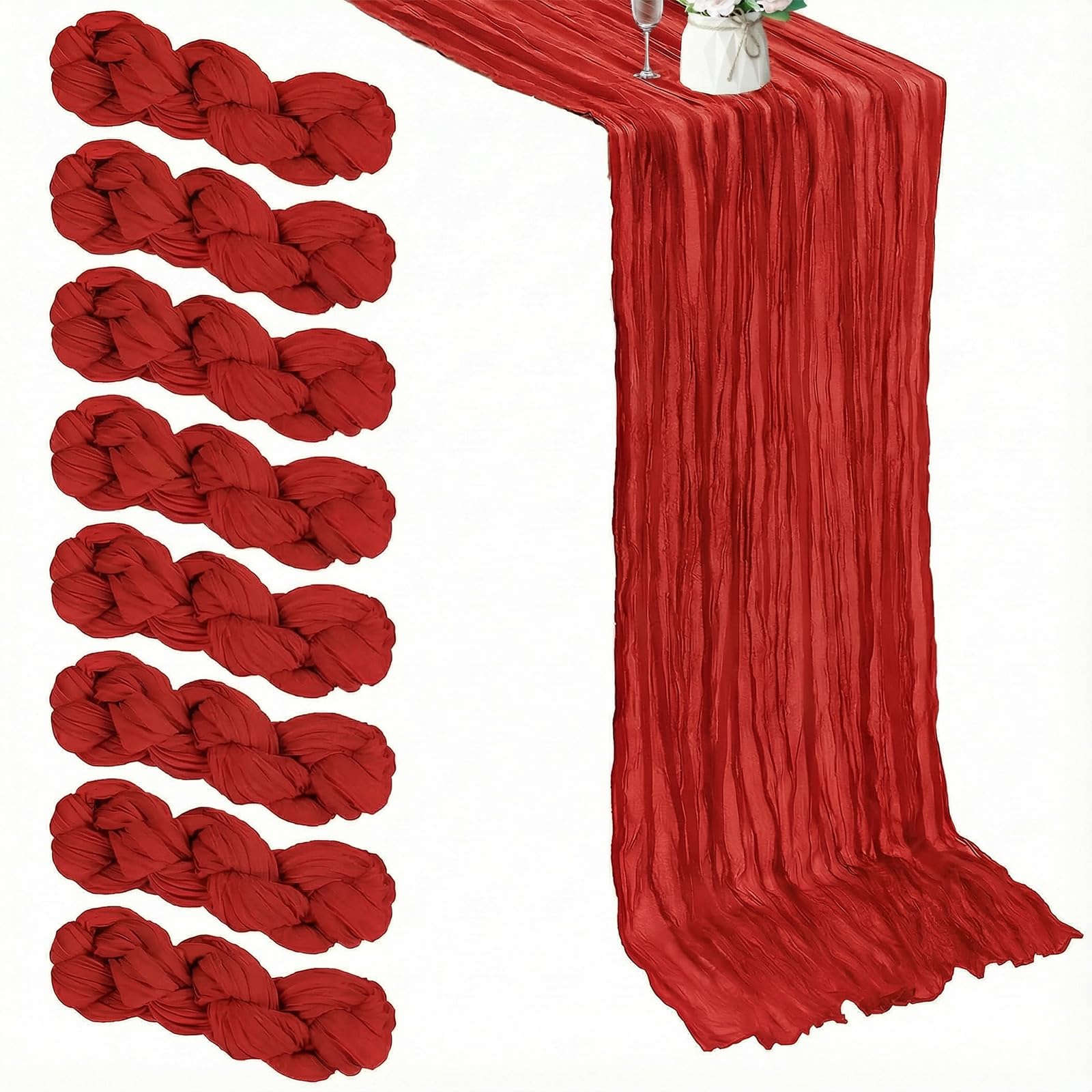 8 Pack Red Cheesecloth Table Runner, 9.84Ft Bright Red Boho Gauze Cloth Table Runner for Wedding Holiday Party Birthday Party Decoration(50 x 300cm) — image 1