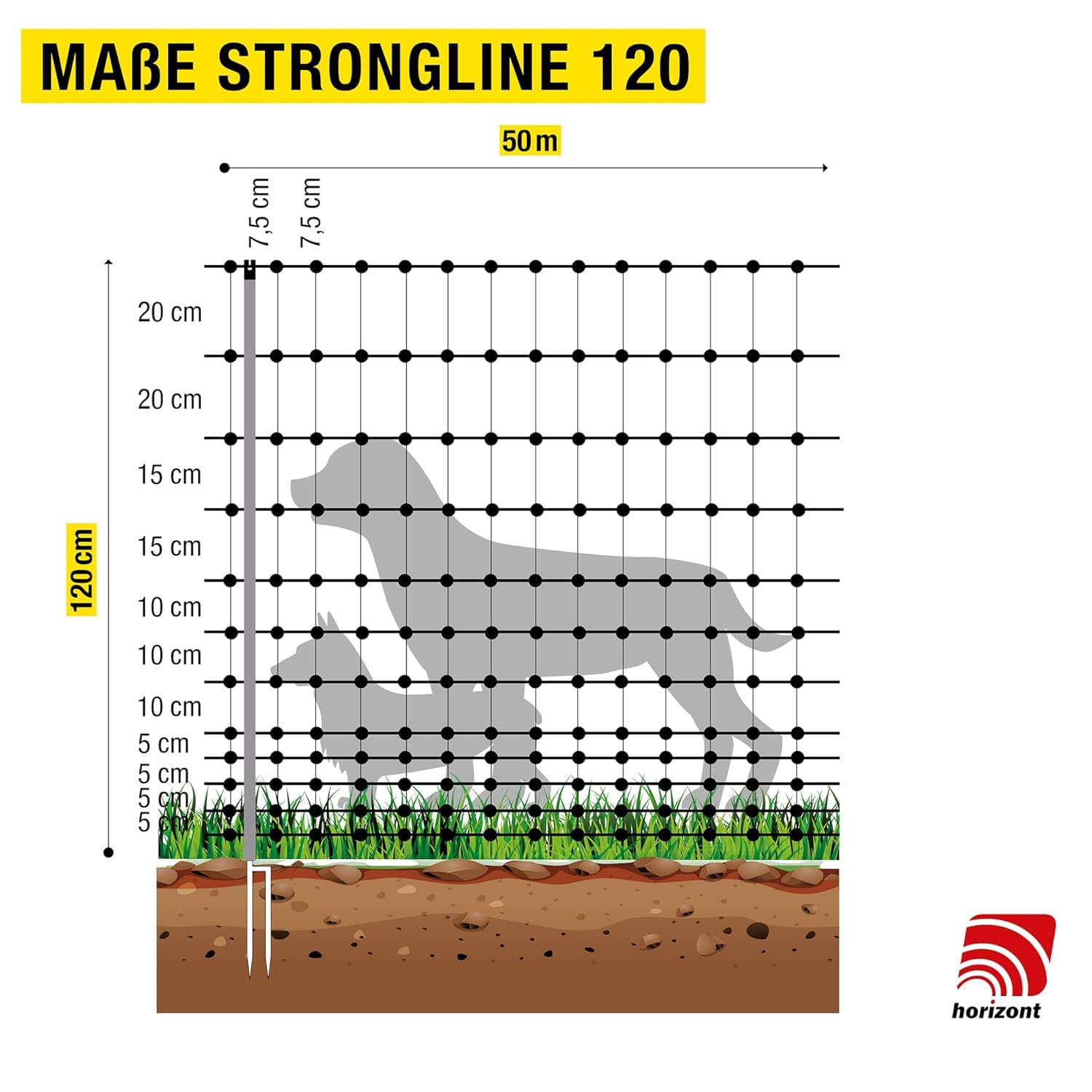 horizont strongLine Clôture de camping pour chien - Longueur : 50 m - Hauteur : 120 cm - 15 piquets en fibre de verre - Double pointe - Sans électricité - Vert - Clôture mobile pour jardin, cour et
