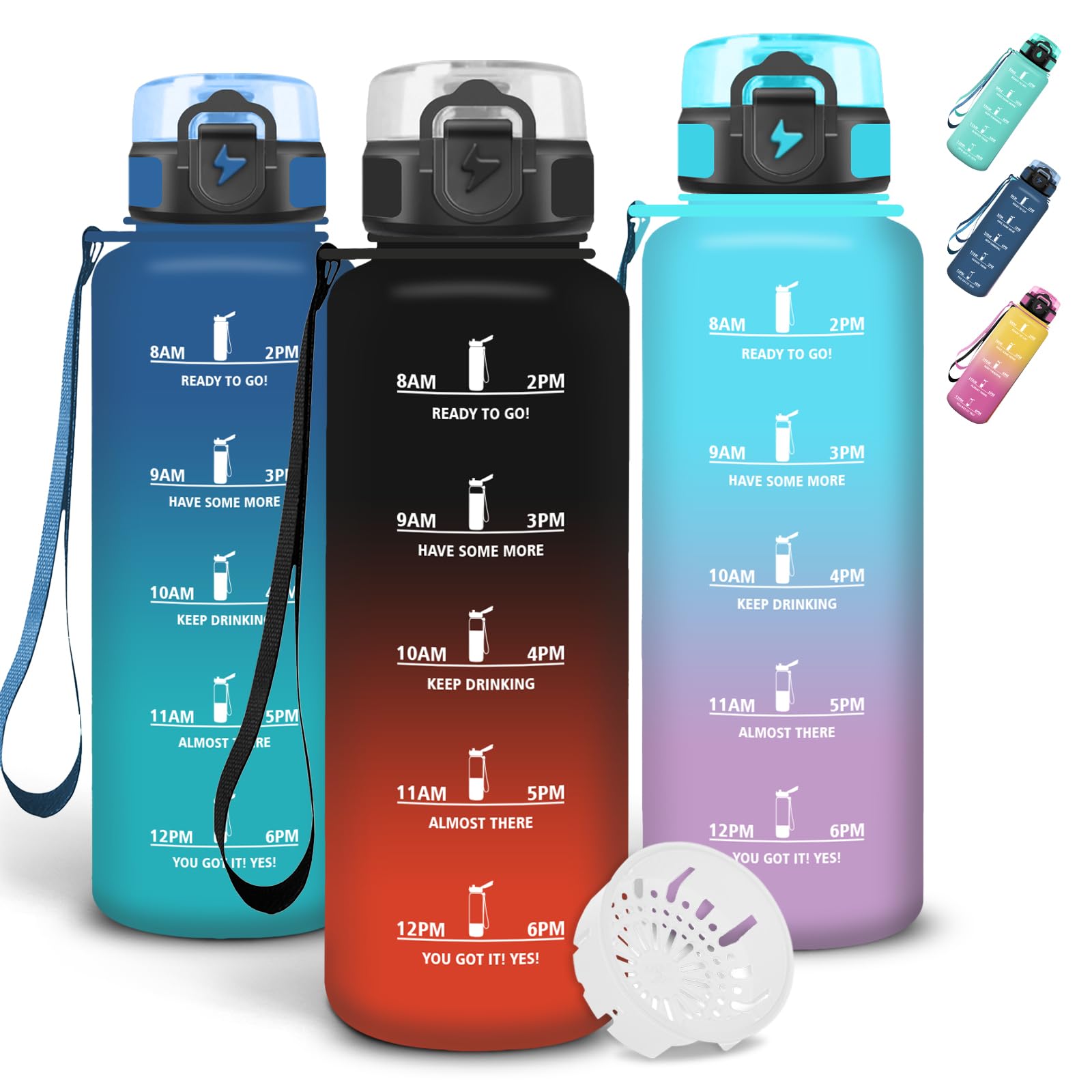 Grsta Gourde 1,5l, Anti Fuite Gourde Sport, Avec Marqueur de Temps, Gourdes Graduée pour 1 Journee, Verrou de Sécurité, Bouteille Motivation avec Filtre pour Plein Air, Velo, Camping