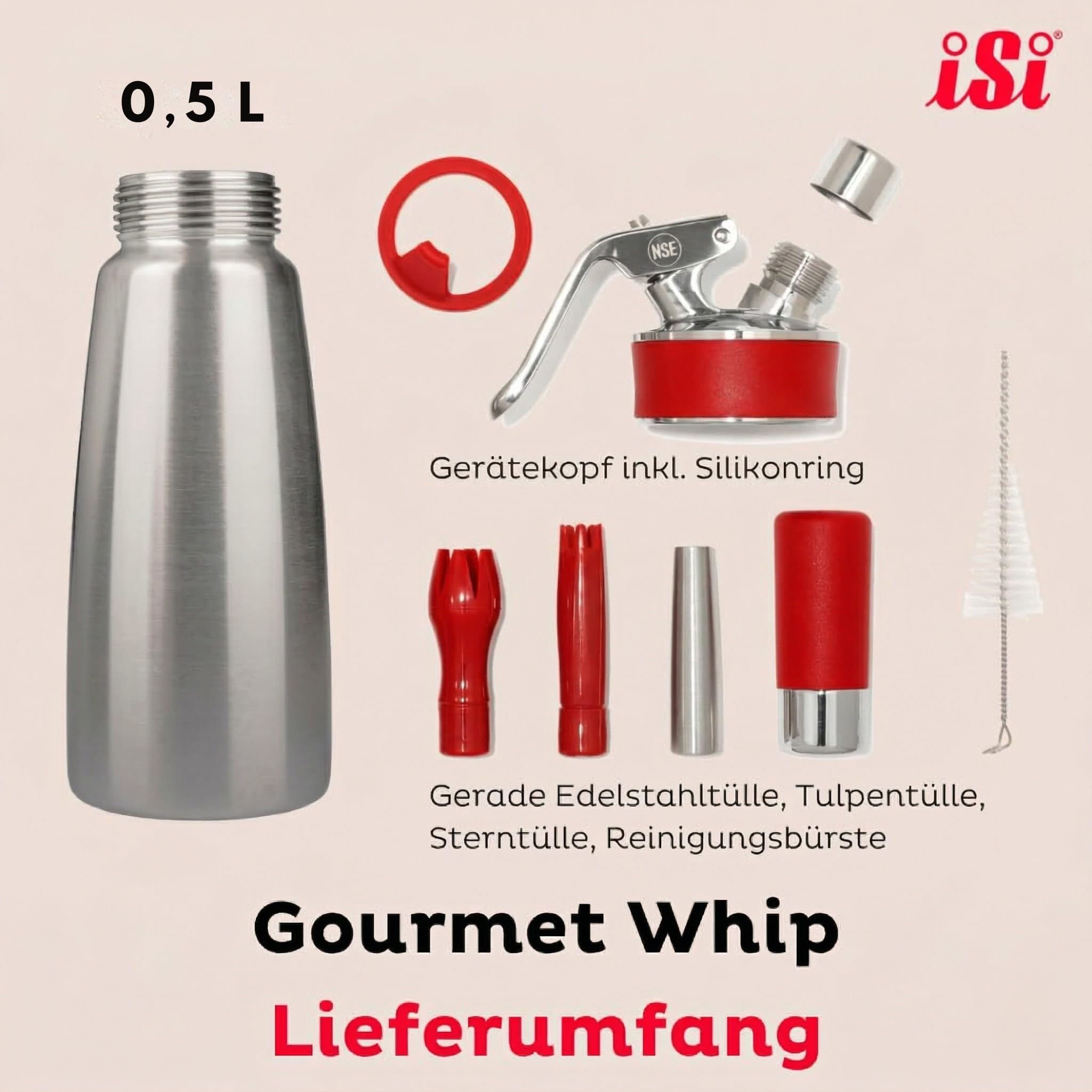 iSi Sahnespender 500ml Edelstahl – Profi Sahnesyphon für Schlagsahne & Espuma – Gourmet Whip inkl 3 Tüllen & Reinigungsbürste – Sahnesiphon Flasche + Magic Texturizer