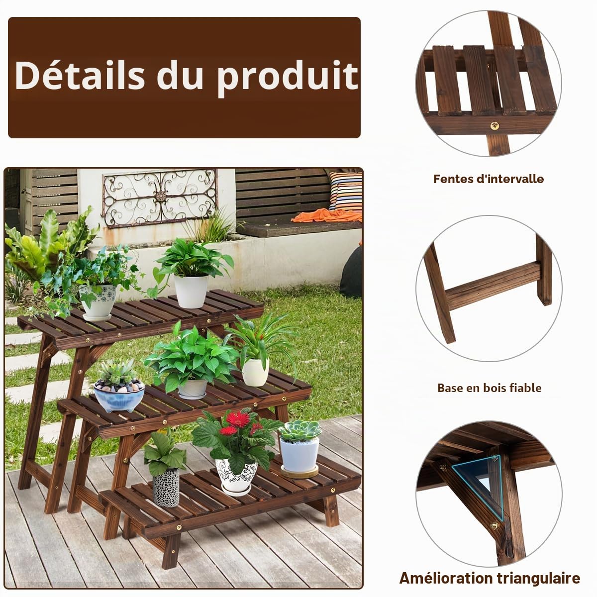 Étagère pour plantes en bois à 3 Etagères Interieur et extérieur, Support Plantes, Présentoir, Porte Plantes, Piédestal à Echelle pour Salon Balcon Terrasse Jardin