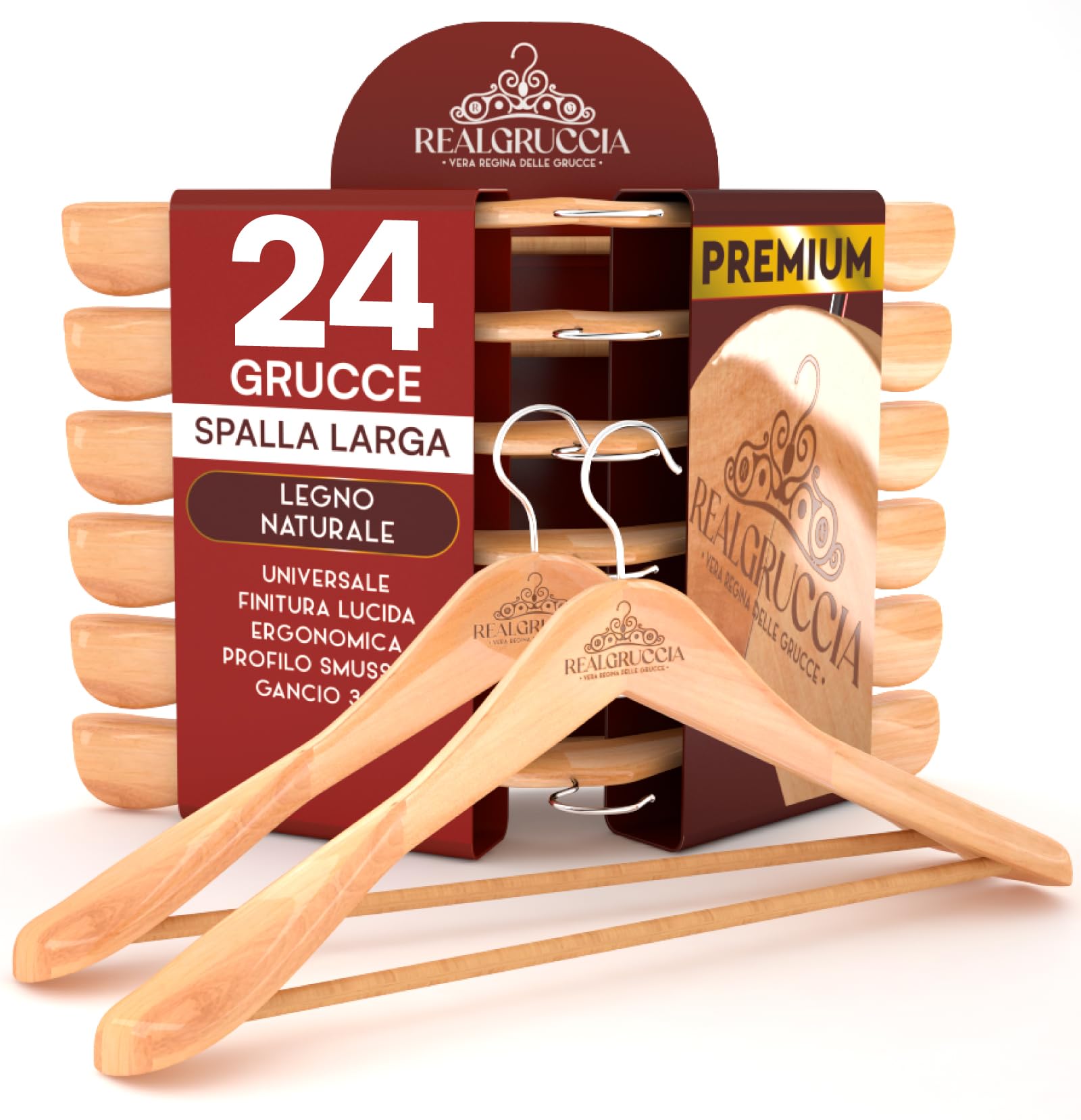 24 Grucce Appendiabiti in Legno Naturale per Vestiti Abiti Giacche Camicie - RealGruccia Barra porta Pantaloni e Spalla Larga con Gancio Girevole 360° - Finitura Lucida e Profilo Smussato - 24x45cm