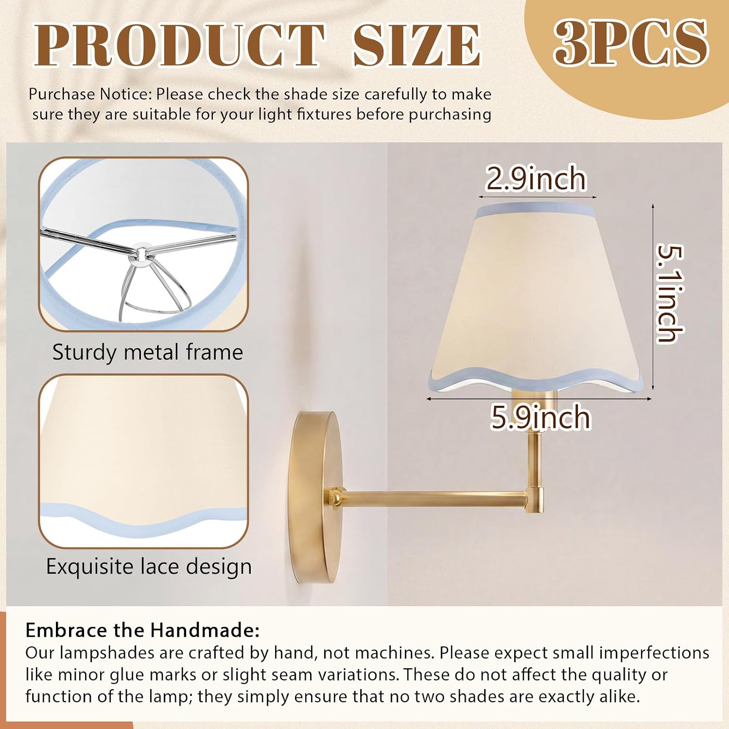 VIHOSE 6'' Bottom x 5'' High x 3'' Top Linen Lamp Shade with Petal Edge, Set of 3 Fabric Scalloped Lampshade, for Floor Wall Table Lamps Living Room Bedroom Easy Assembly(Light Blue Edge)